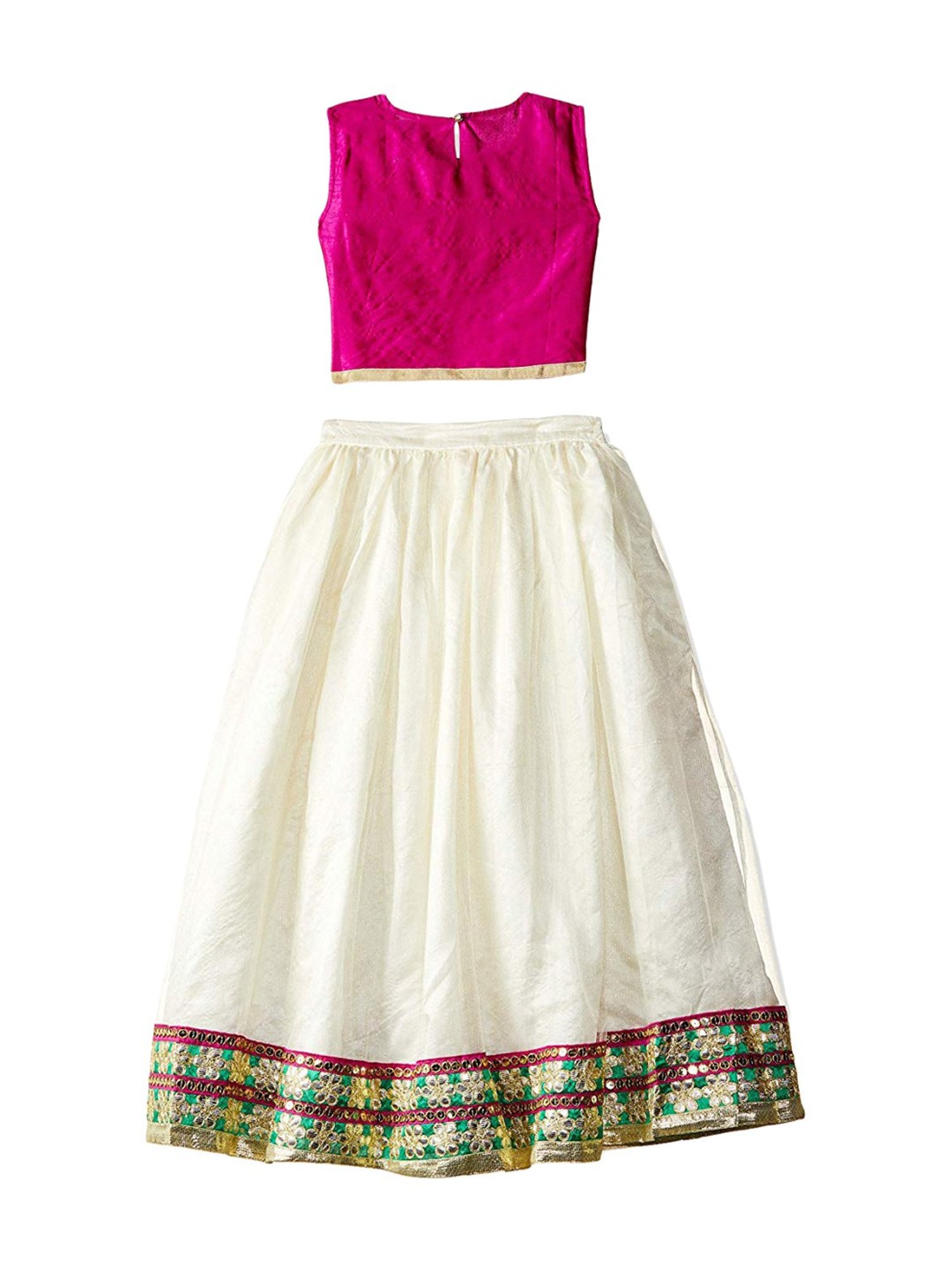 612 League Kids Off White & Pink Cotton Embellished Lehenga & Cholis Set With Dupatta