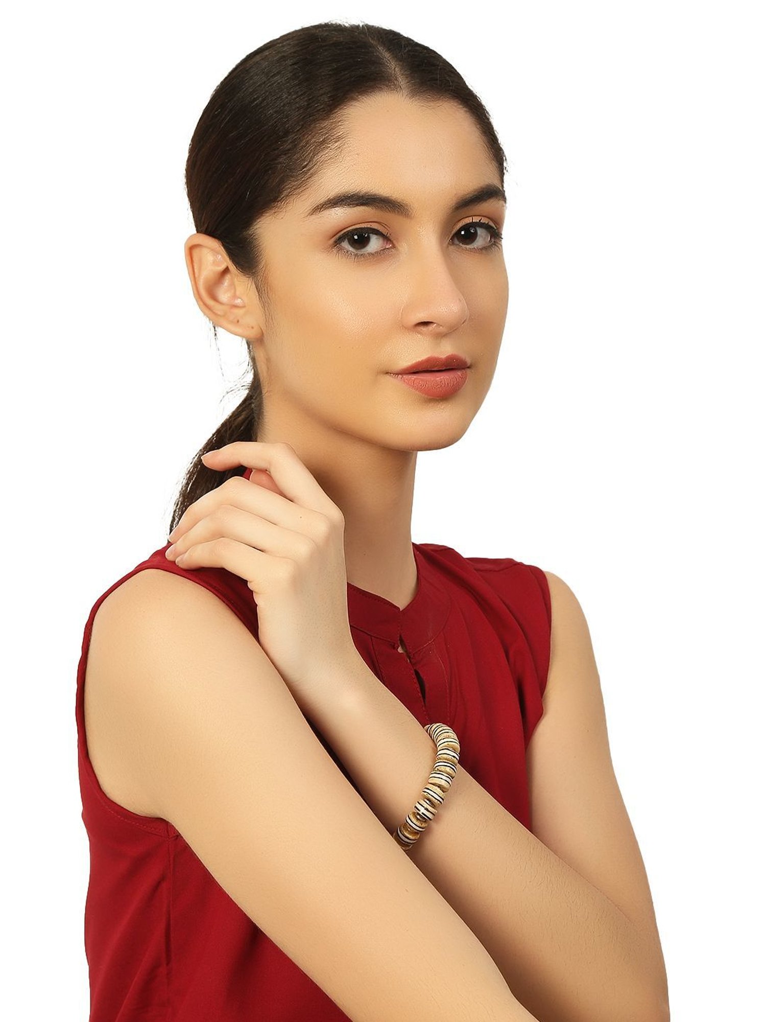 IMLI STREET Brown & White Artificial Beaded Stretchable Bracelet for Women