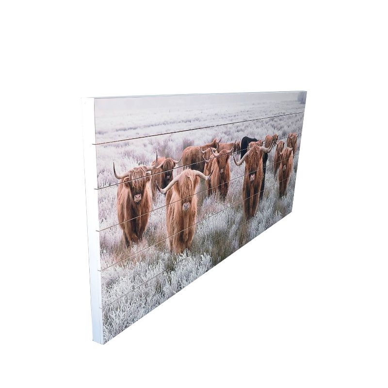 19" x 45" Highland Herd Print on Planked Wood Wall Sign Panel Brown - Gallery 57