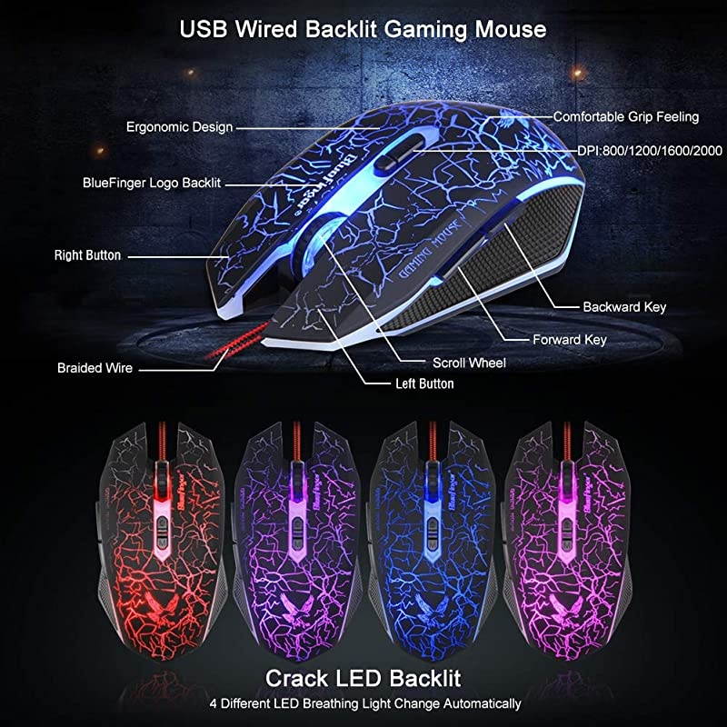 Gaming Keyboard and Mouse,USB Wired Backlit Gaming Mouse and Keyboard Combo,Letters Glow, 3 Color Crack Backlit,Illumination Keyboard and Mouse Set for Game and Work