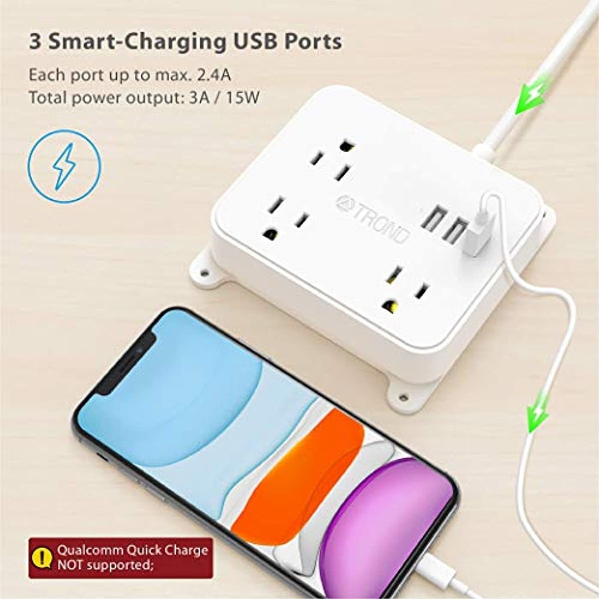 TROND Power Strip with USB, 3-Outlet Nightstand Power Strip and 7-Outlet Surge Protector, 3 USB Ports, Low Profile Flat Plug, Wall Mountable, White