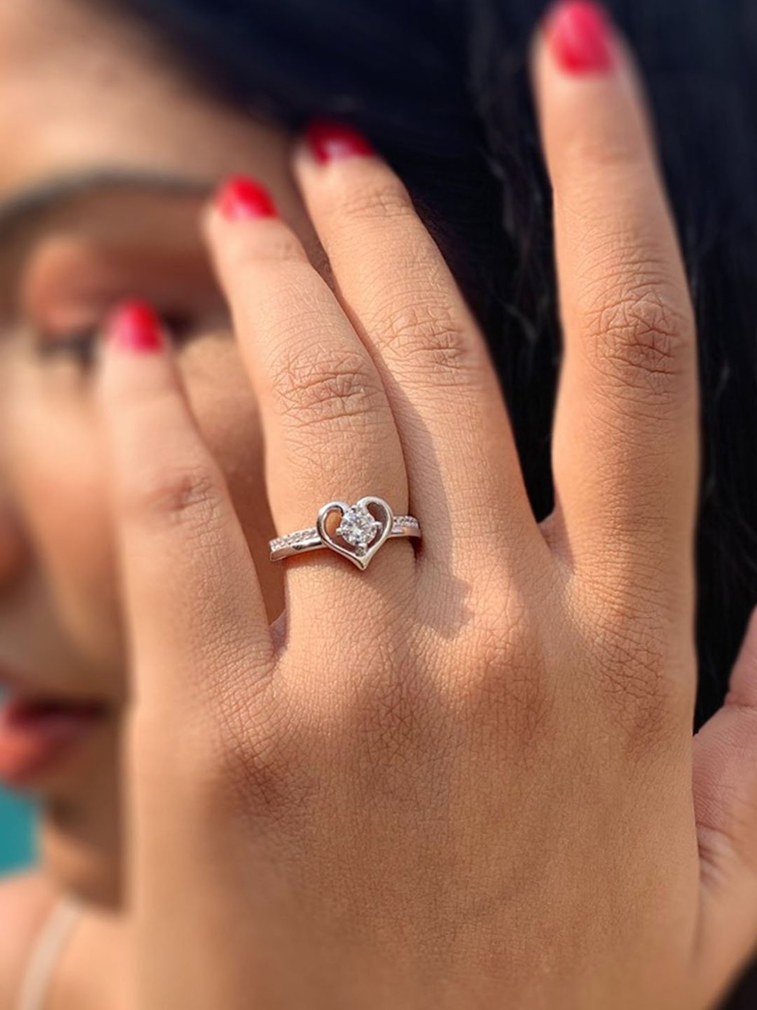 925 Silver AAA Grade American Diamond Love Heart Ring for Women & Girls