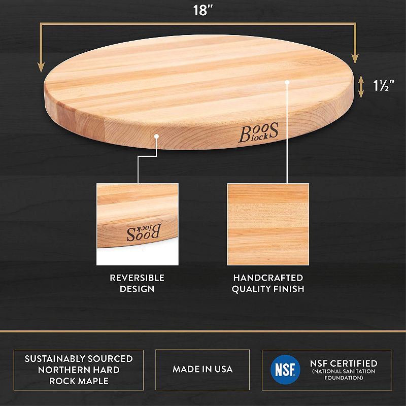 John Boos R18 R Board Wooden 18 Inch Diameter 1.5 Inch Thick Reversible Round Circular Carving Cutting Board, Maple Wood