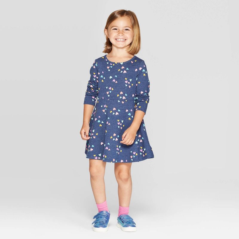 Toddler Girls' Long Sleeve Heart Print Knit Dress - Cat & Jack™ Navy 5T