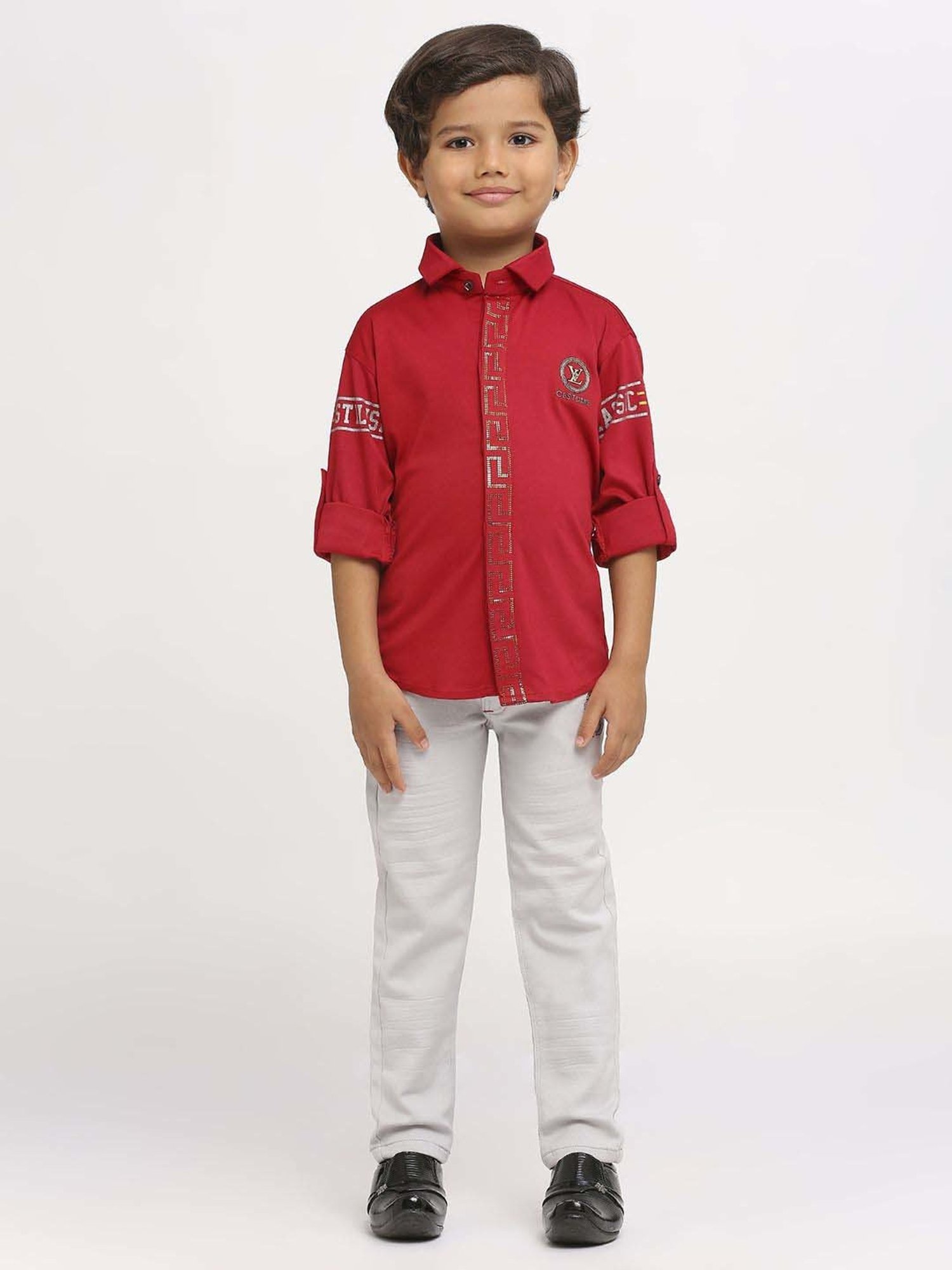 Kids Island Boys Maroon & Grey Printed Full Sleeves Clothing Set