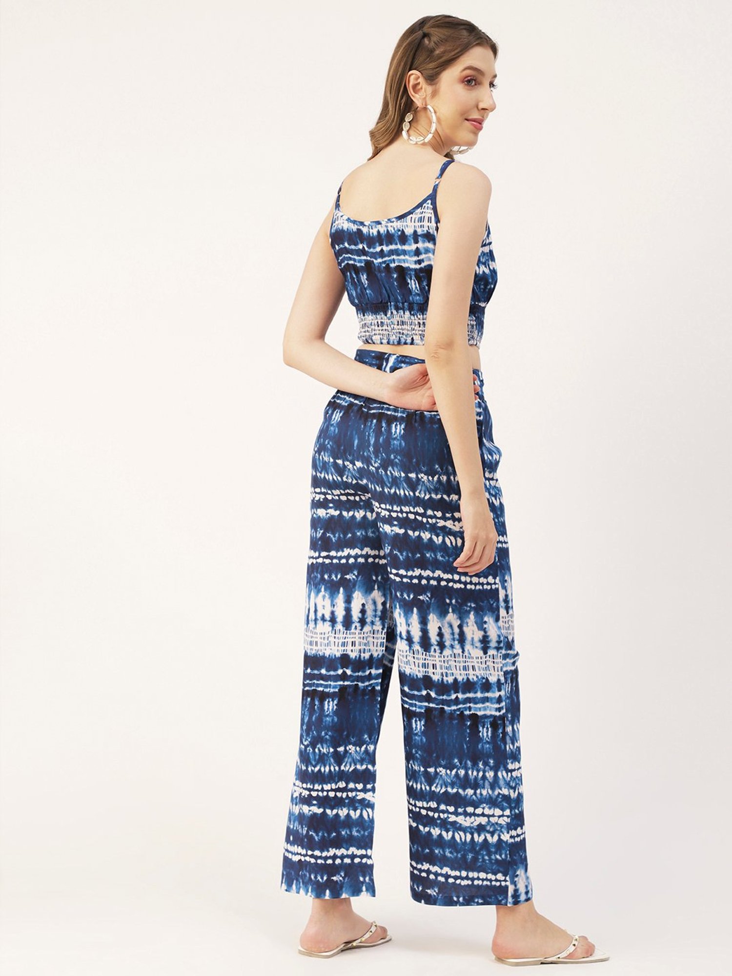 Moomaya Blue & White Printed Crop Top With Palazzos