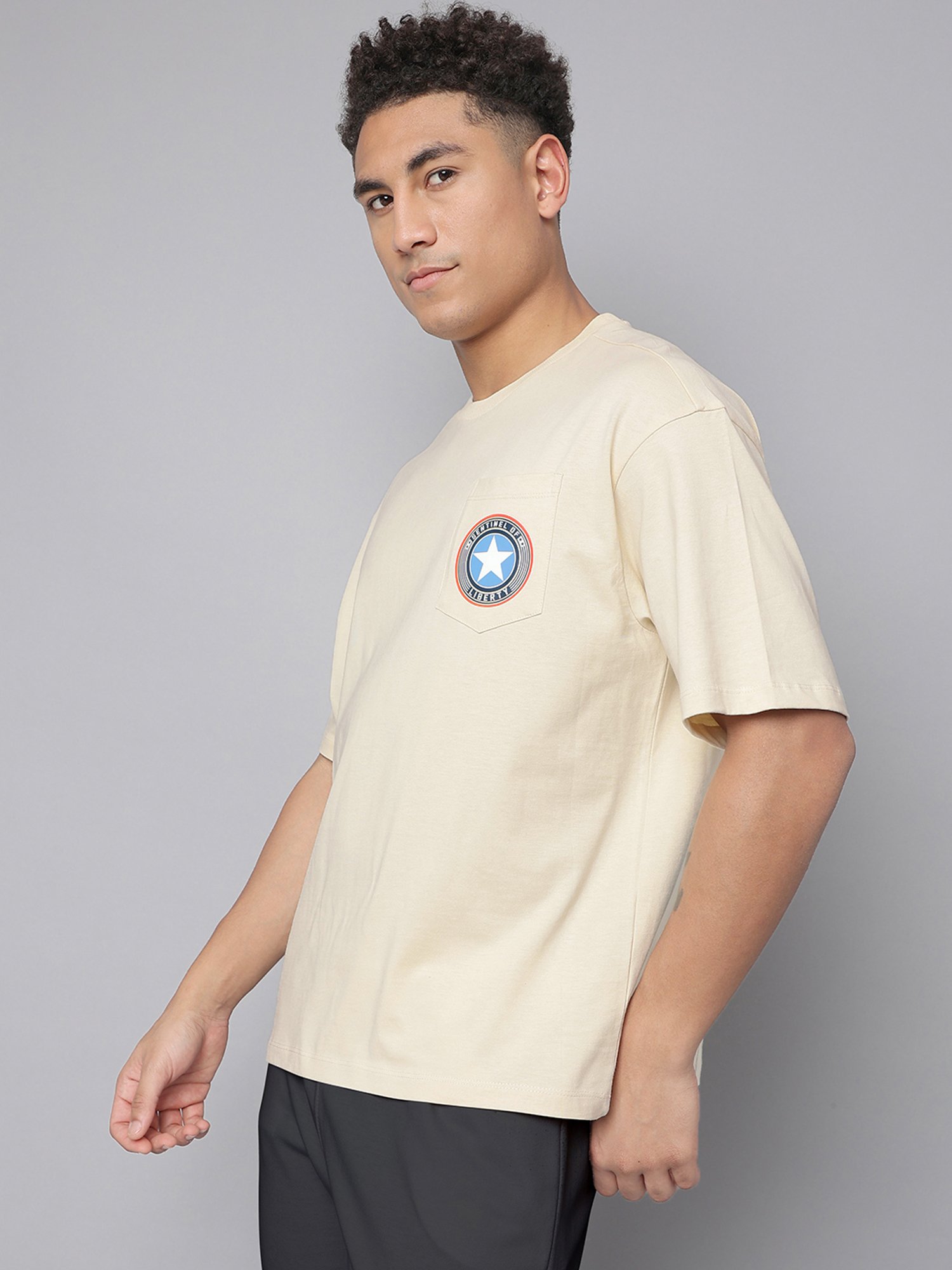 Free Authority Beige Cotton Oversized Printed T-Shirt