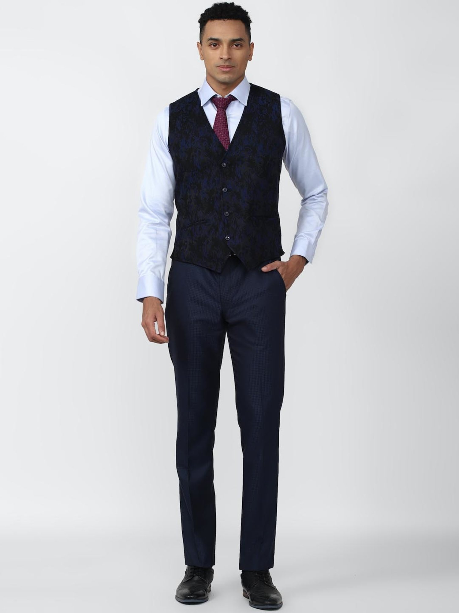 V Dot Navy Blue Skinny Fit Checks Three Piece Suits