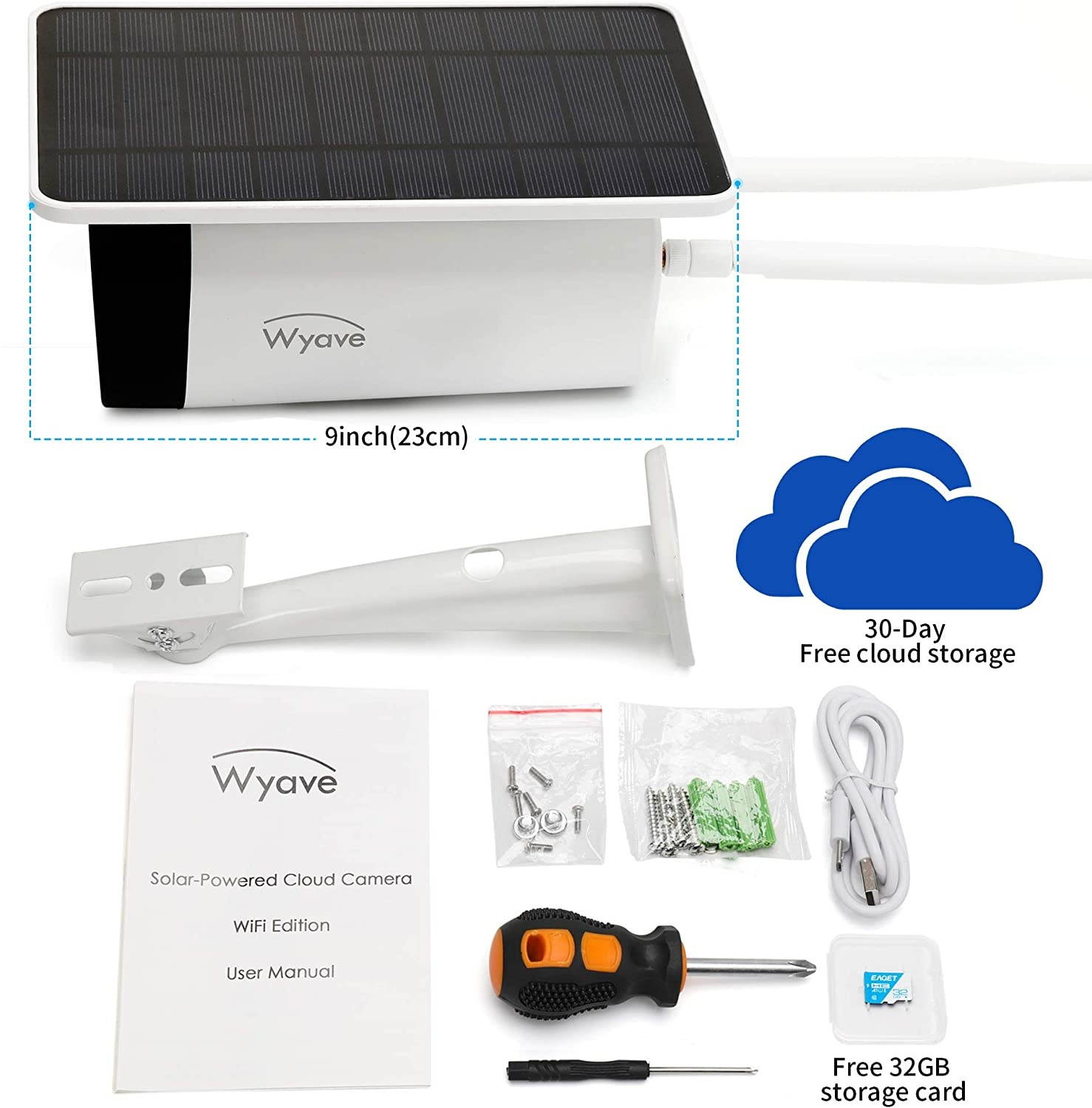 Wyave Outdoor Solar-Powered Security Camera,No Wire,No Charging,Free 32GB SD Card,Free 30-Day Cloud Storage,Support 2 Spotlights,PIR Motion Detection,2 Megapixel HD Video