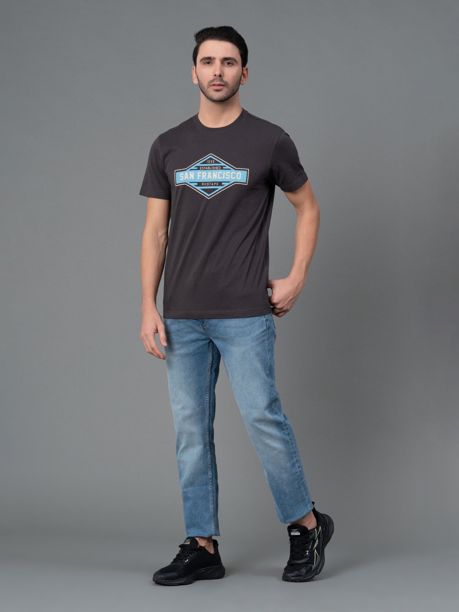 Red Tape Dark Grey Regular Fit Graphic Print Cotton Crew T-Shirt