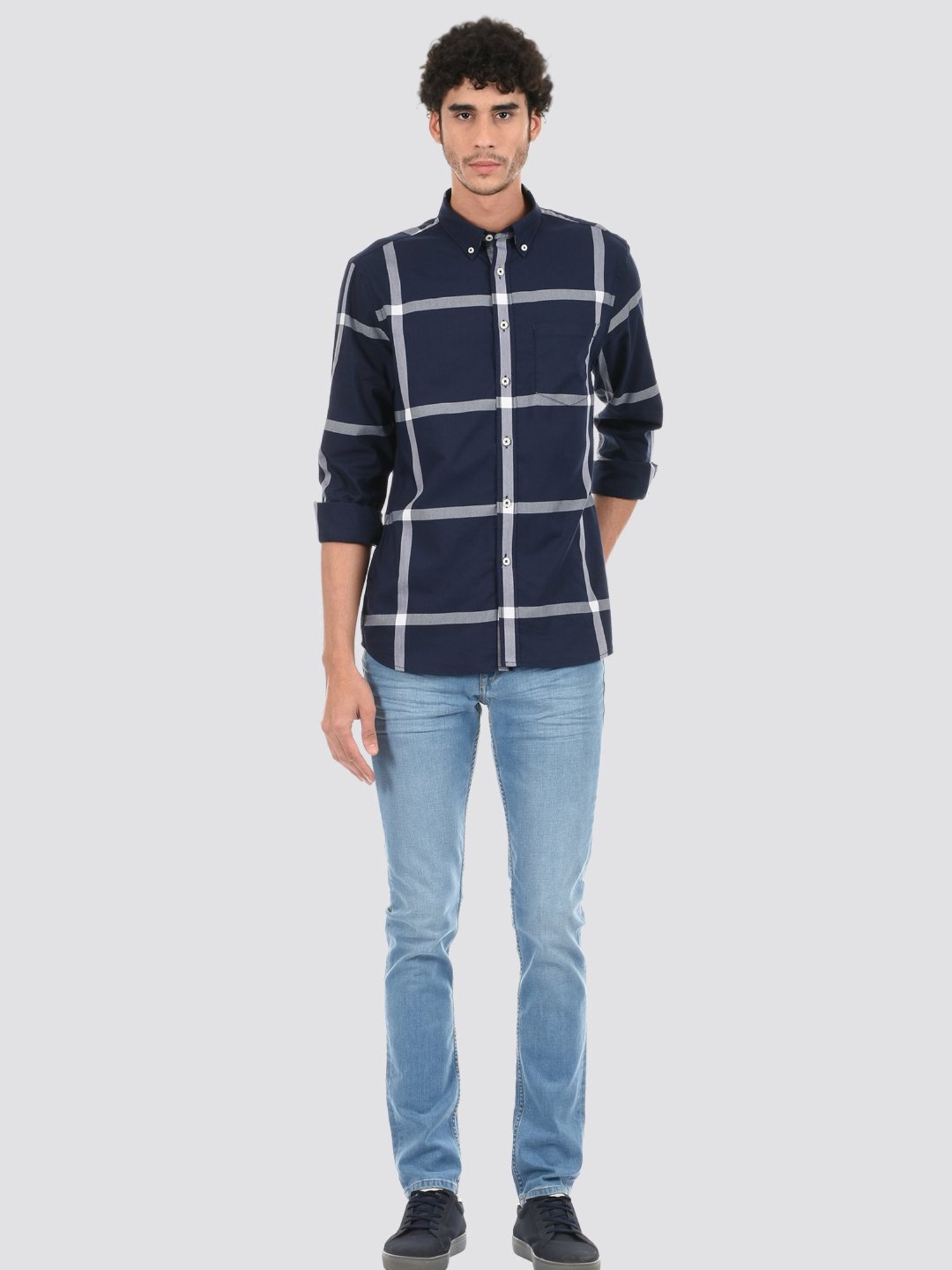 London Fog Navy Blue Regular Fit Checks Shirt