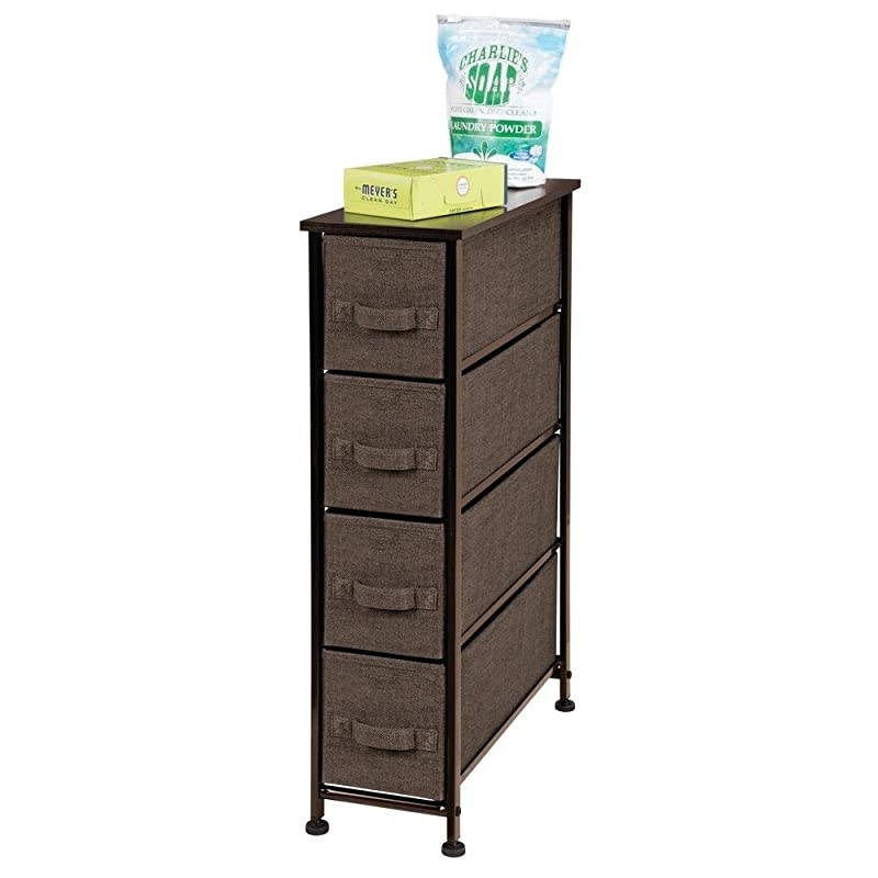 Narrow Vertical Dresser Storage Tower Sturdy Steel Frame Wood Top Easy Pull Fabric Bins Organizer Unit for Bedroom Hallway Entryway Closet Textured Print 4 Drawers Espresso Brown