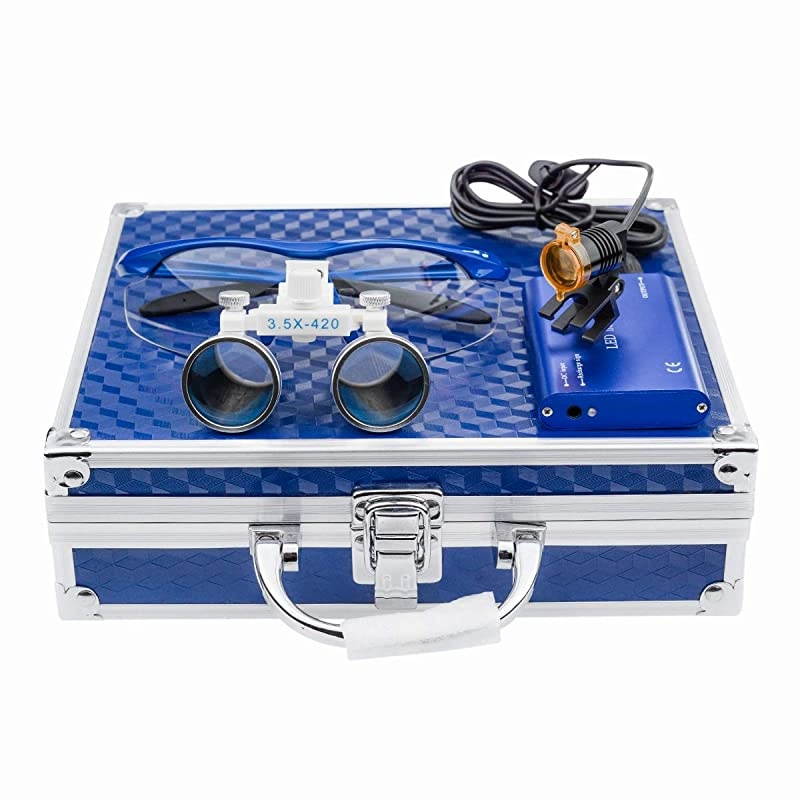 3W LED Clipon Headlight with Filter 35x420mm Medical Binocular Loupes Blue Aluminum Box