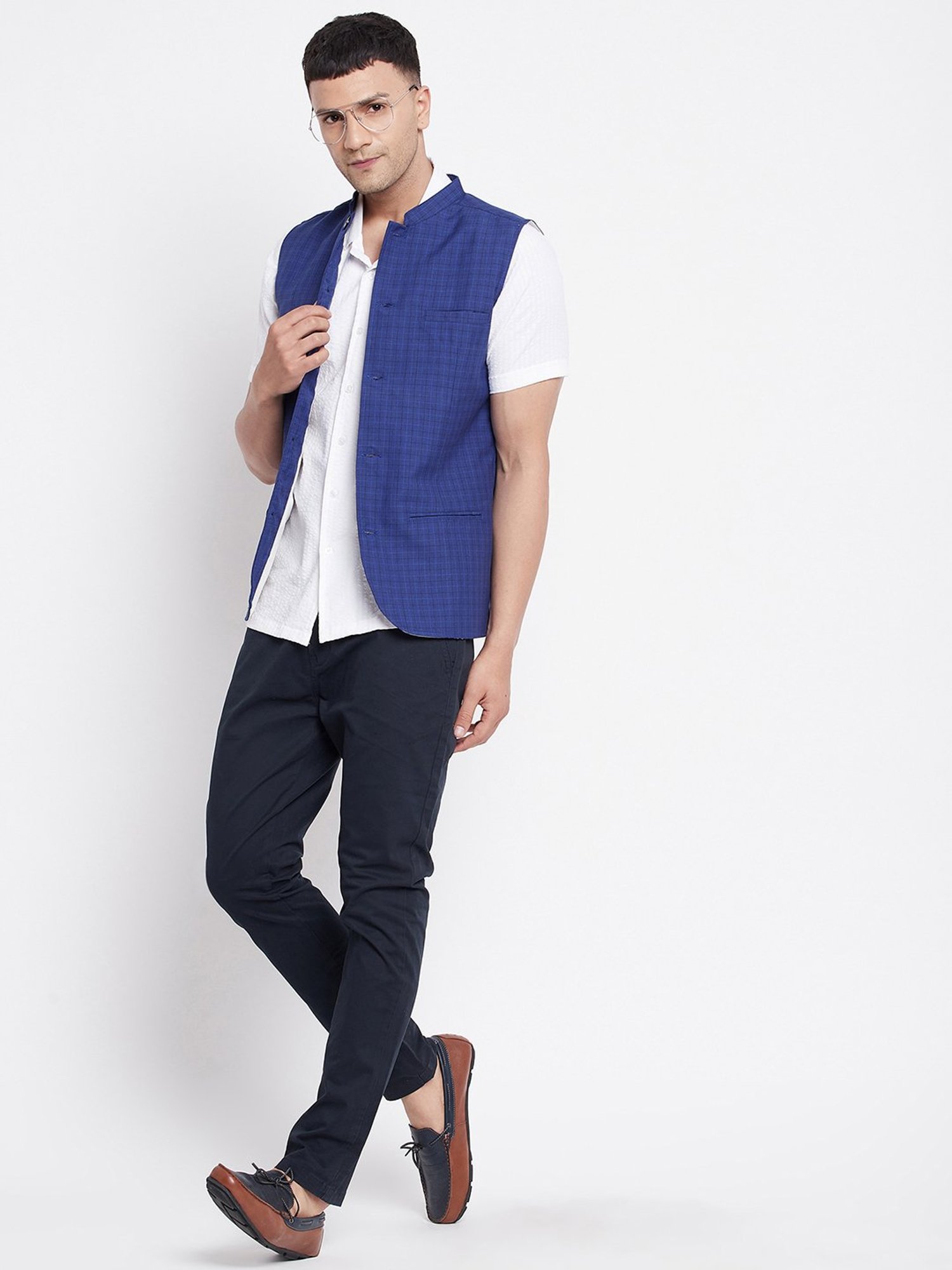 Even Blue Mandarin Collar Check Nehru Jacket