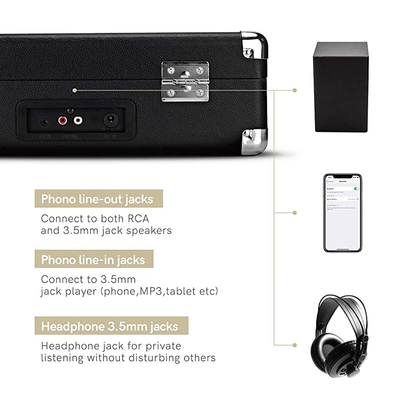 Vinyl Record Player, 3 Speed Turntable Bluetooth Record Player with 2 Built in Stereo Speakers, Replacement Needle, Supports RCA Line Out, AUX in, Portable Vintage Suitcase
