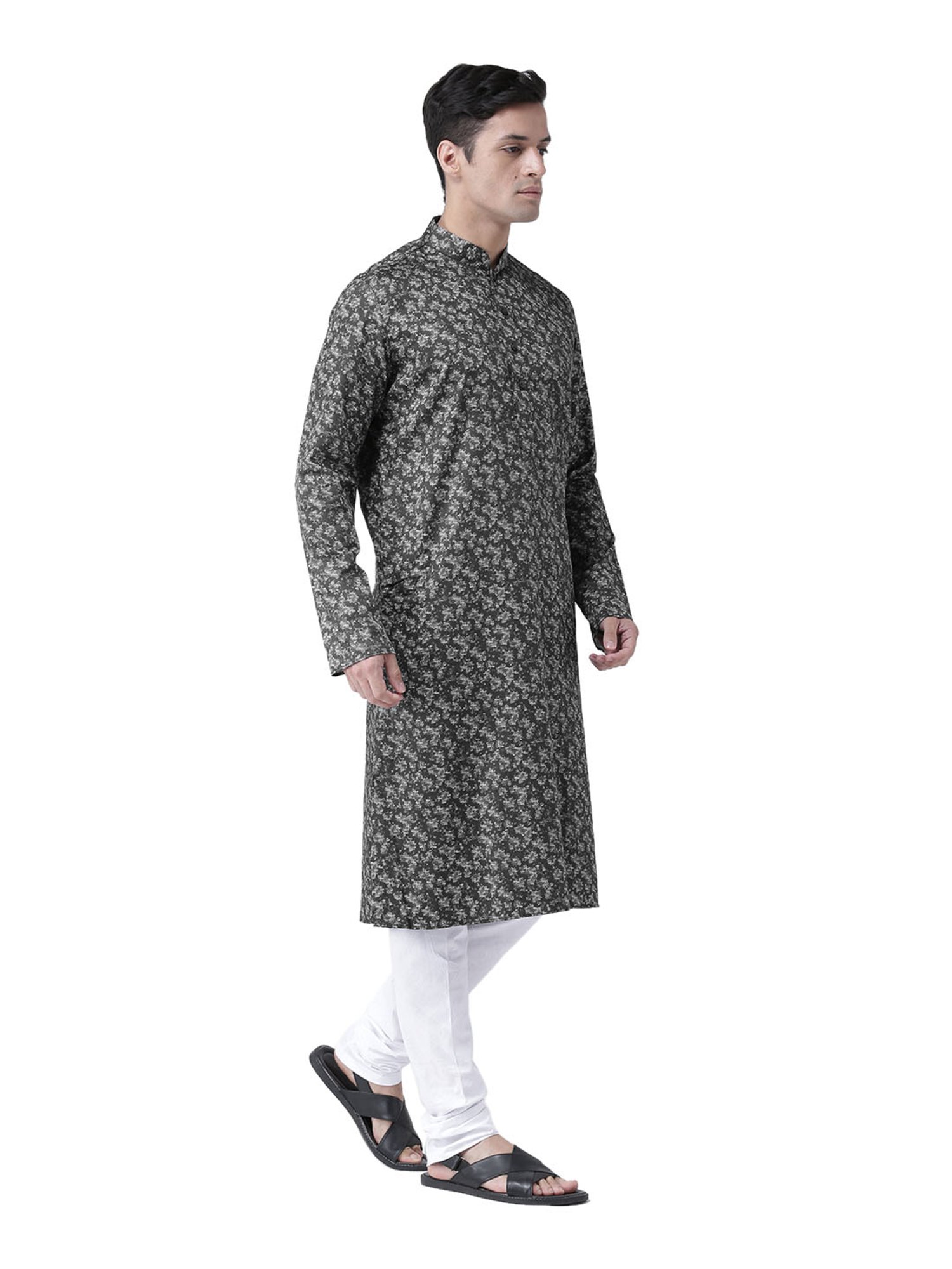 Deyann Black Linen Printed Full Sleeves Kurta Set