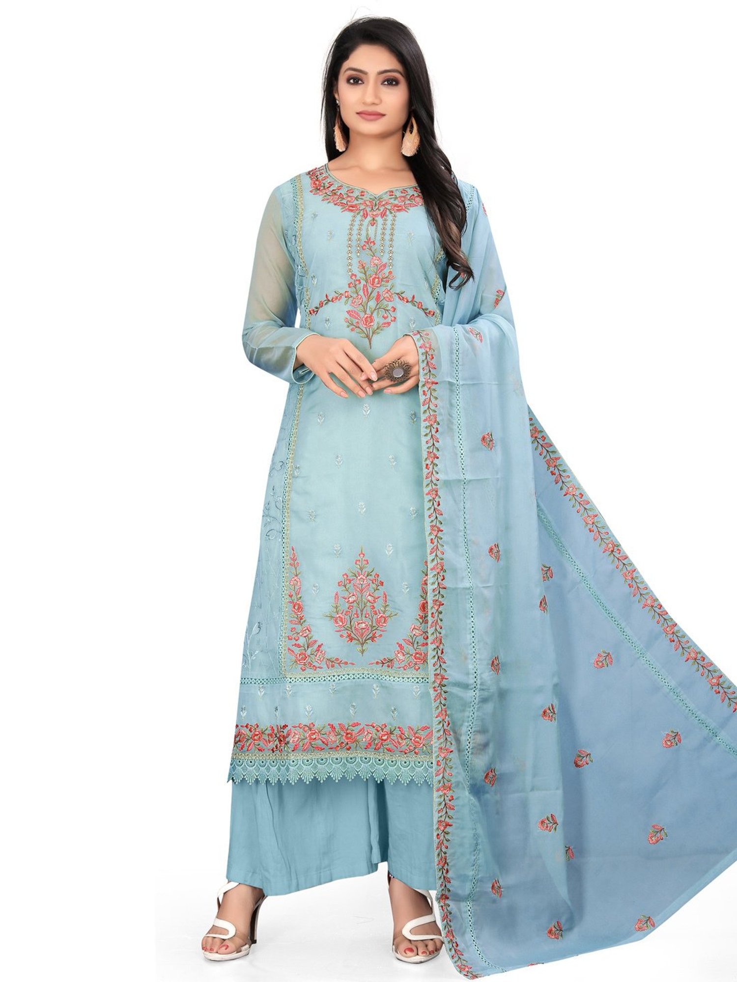 Stylee LIFESTYLE Light Blue Embroidered Unstitched Dress Material
