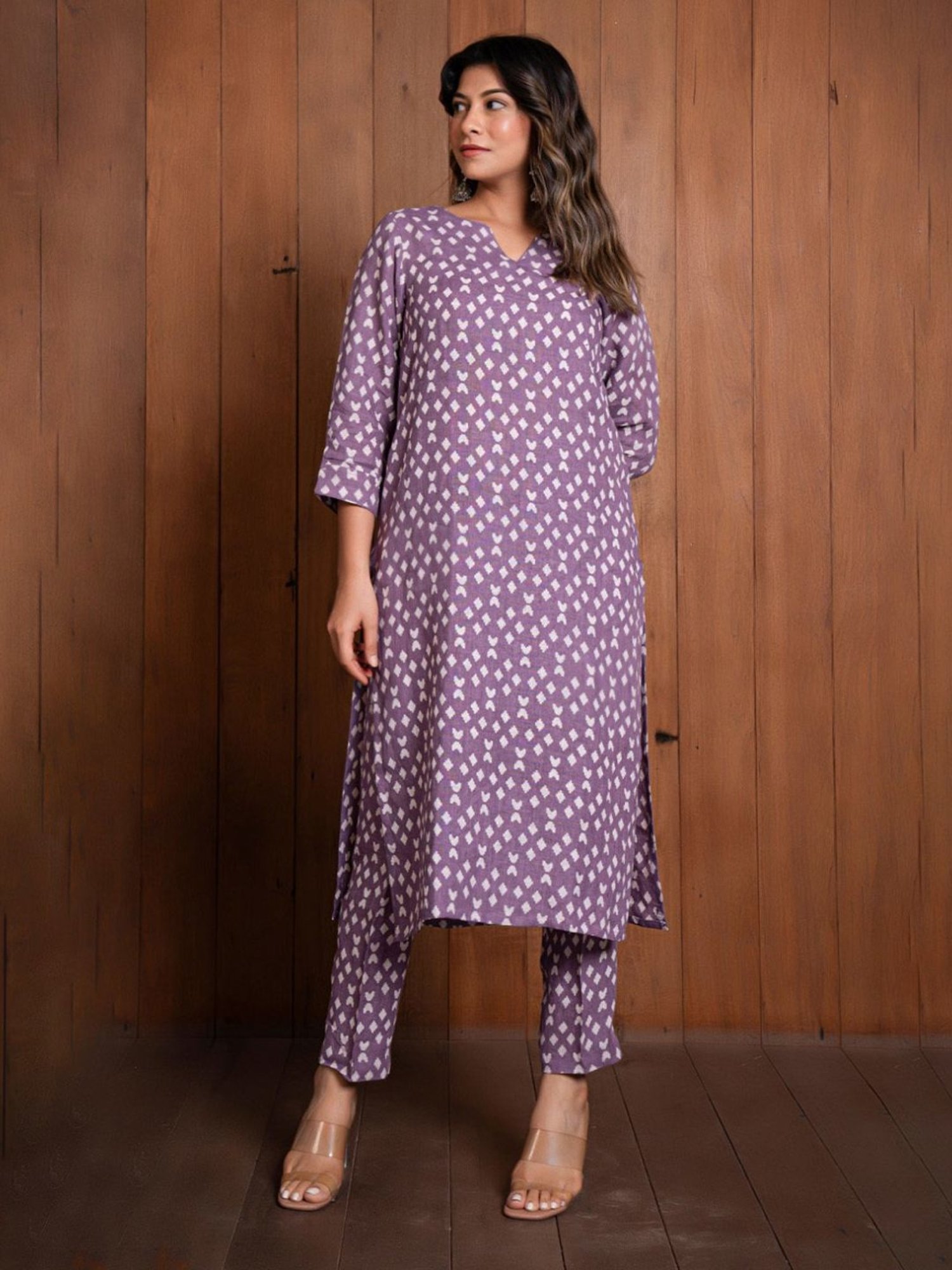 Eeshva India Lavender Geometric Print Pure Linen Kurta