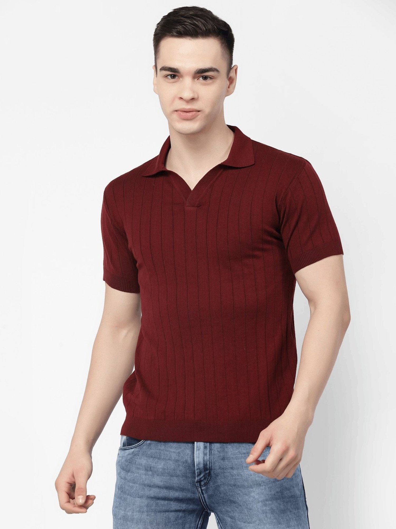 Kalt Maroon Regular Fit Striped Polo T-Shirt