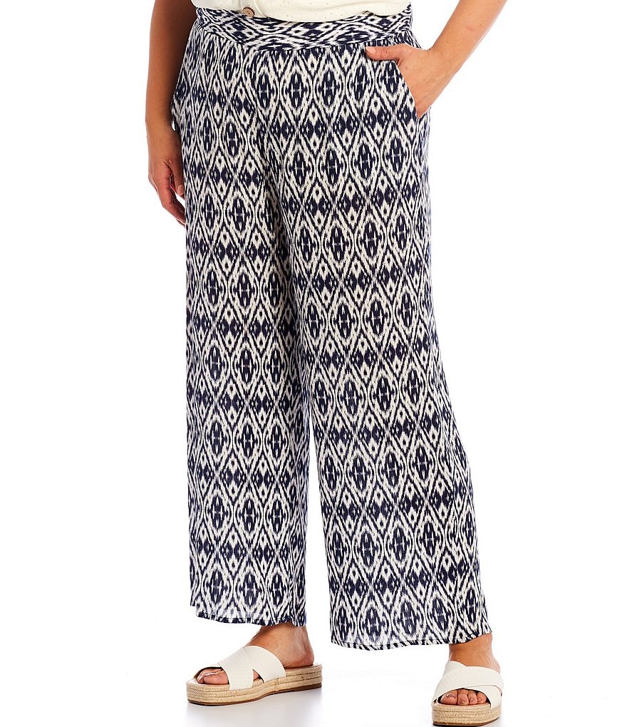 I.N. Studio Plus Size Geometric Print Crepon Pull-On Wide Leg Pants