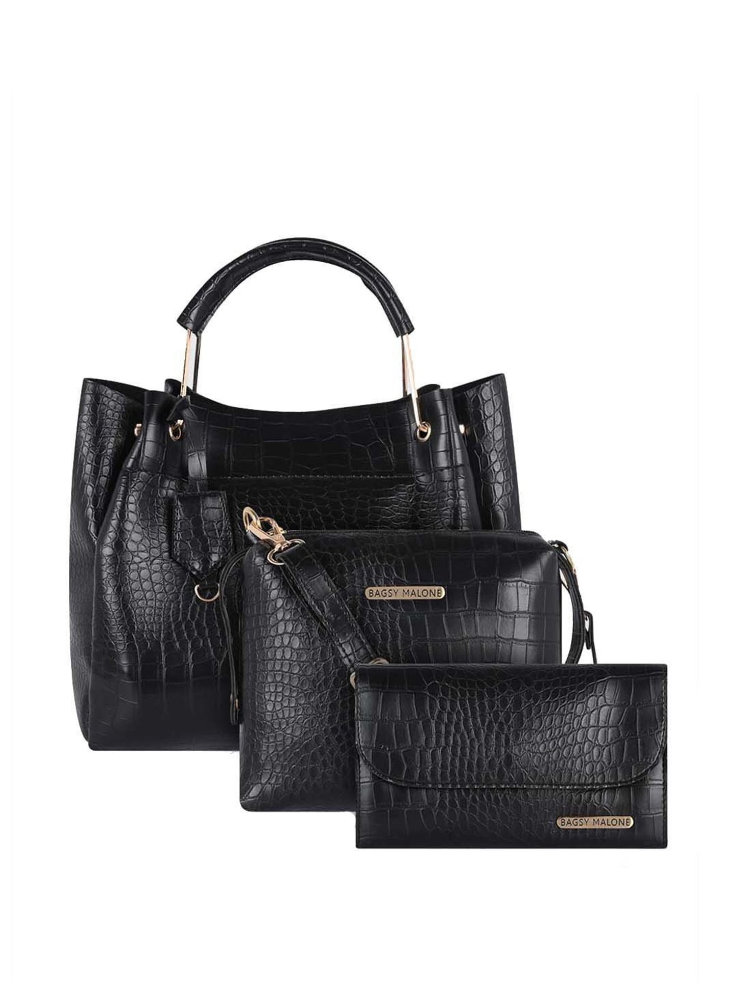 Bagsy Malone Black Textured Medium Tote Handbag with Sling & Wallet