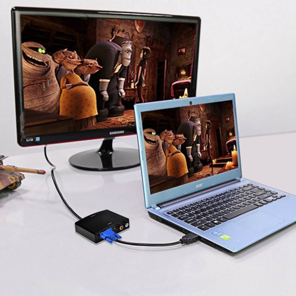 1080P HD R/L VGA to HDMI Converter Box, VGA & R/L Stereo Audio to HDMI Converter with DC Adapter Full HD Audio Video Converter for HDTV TV Box with 2 RCA Phono Analog Stereo Audio Input