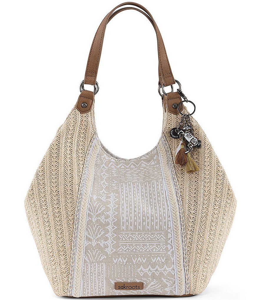Sakroots Roma Straw Canvas Snap Floral Hobo Tassel Bag