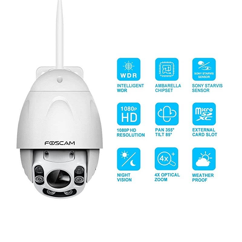 Outdoor PTZ (4x Optical Zoom) HD 1080P WiFi Security Camera - Pan Tilt Wireless IP Camera with Night Vision up to 196ft, IP66 Weatherproof Shell, WDR, Motion Alerts, and More (FI9928P),White