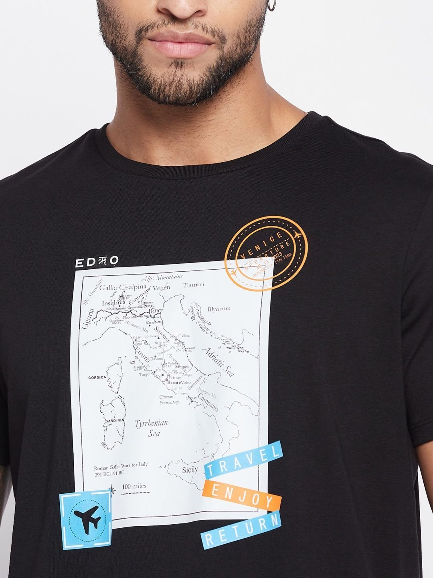 Edrio Black Cotton Relaxed Fit Printed T-Shirt