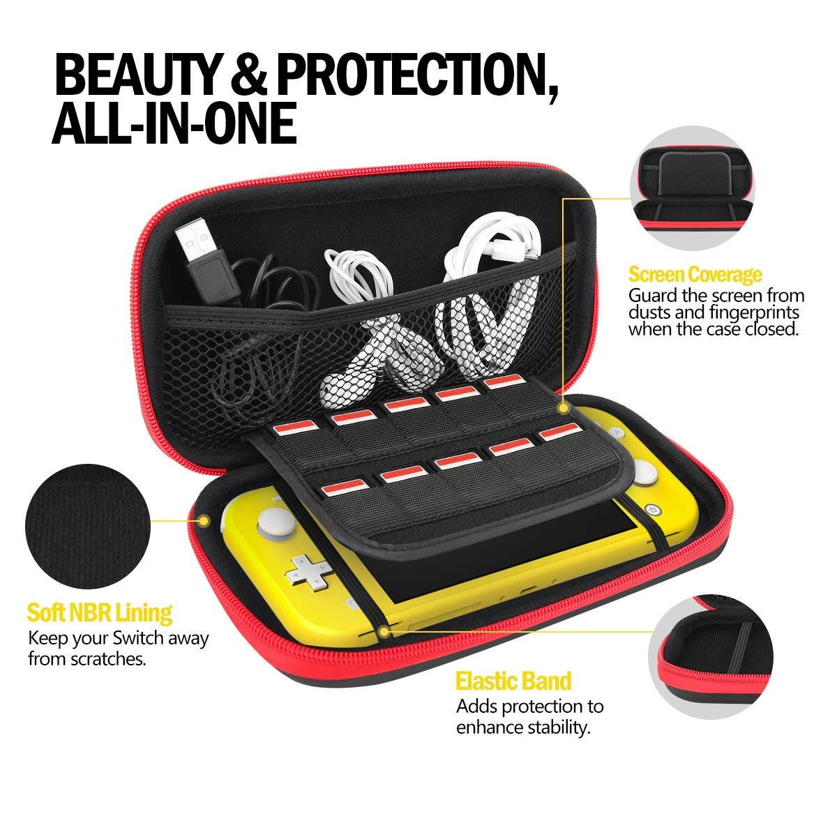 MoKo Carrying Case for Nintendo Switch Lite, Travel Case Hard Shell EVA Tough Storage Bag Holder for Nintendo Switch Lite Console, Accessories & Game Cards - Black & Red