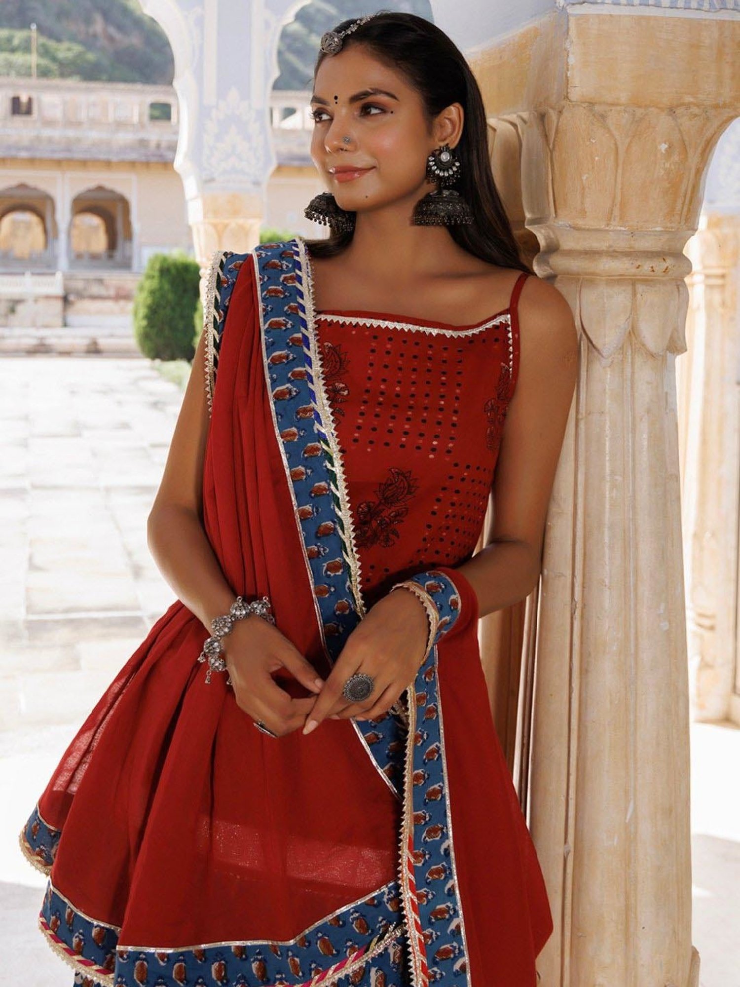 Geroo Jaipur Indigo-Red Pure Cotton Hand Block Printed Skirt Set