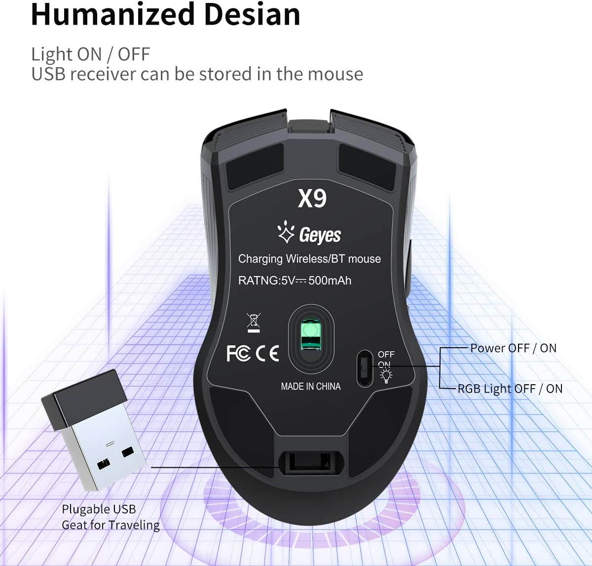 Silent Click Wireless Mouse for Laptop - Light up Rechargeable USB Cordless Mice for Computer, 3 DPI up to 2400, [Queit] Comfort & Smooth LED RGB Mouse for PC Tablet Chromebook Microsoft Windows Mac