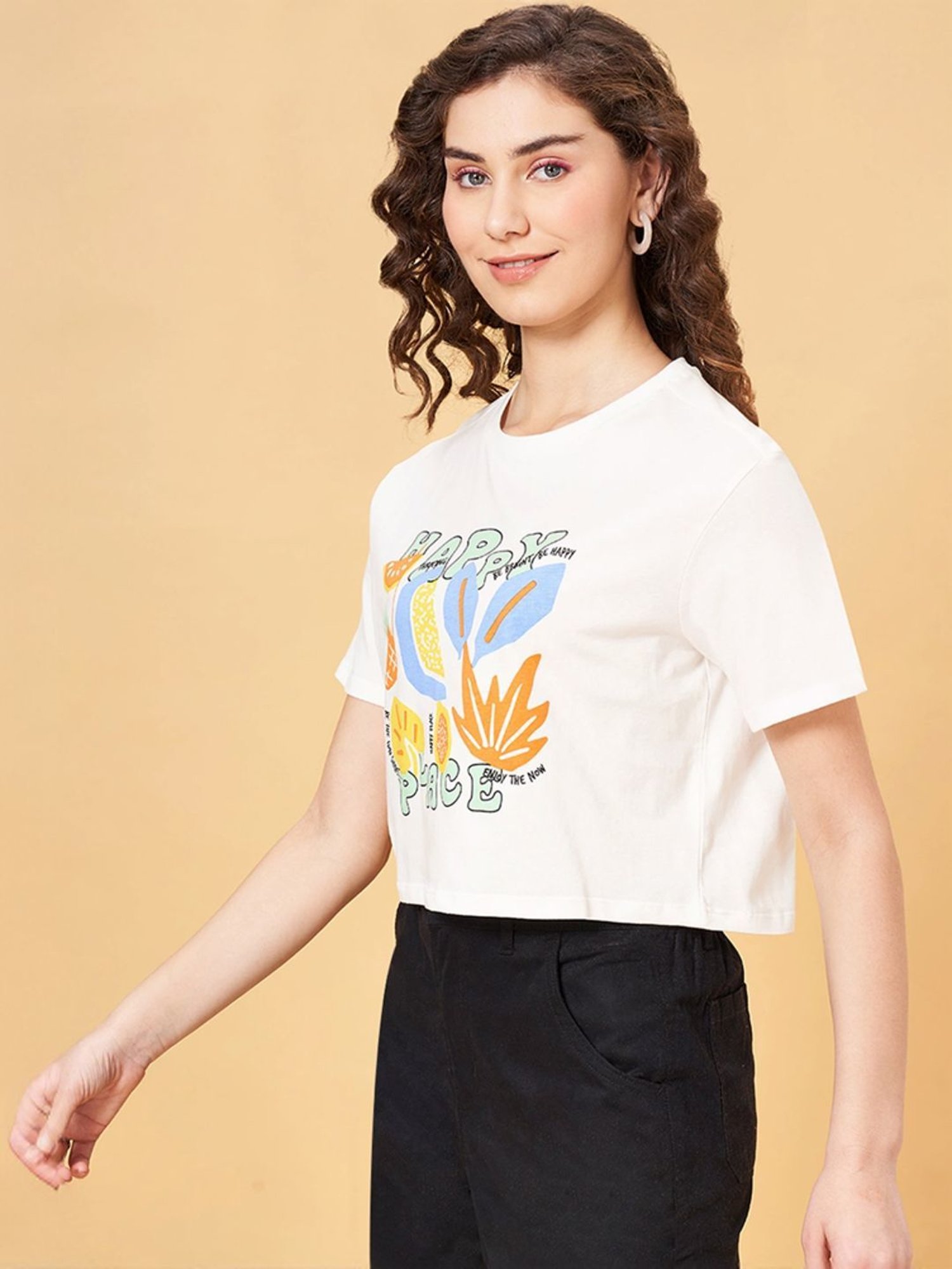 People by Pantaloons White Cotton Printed T-Shirt