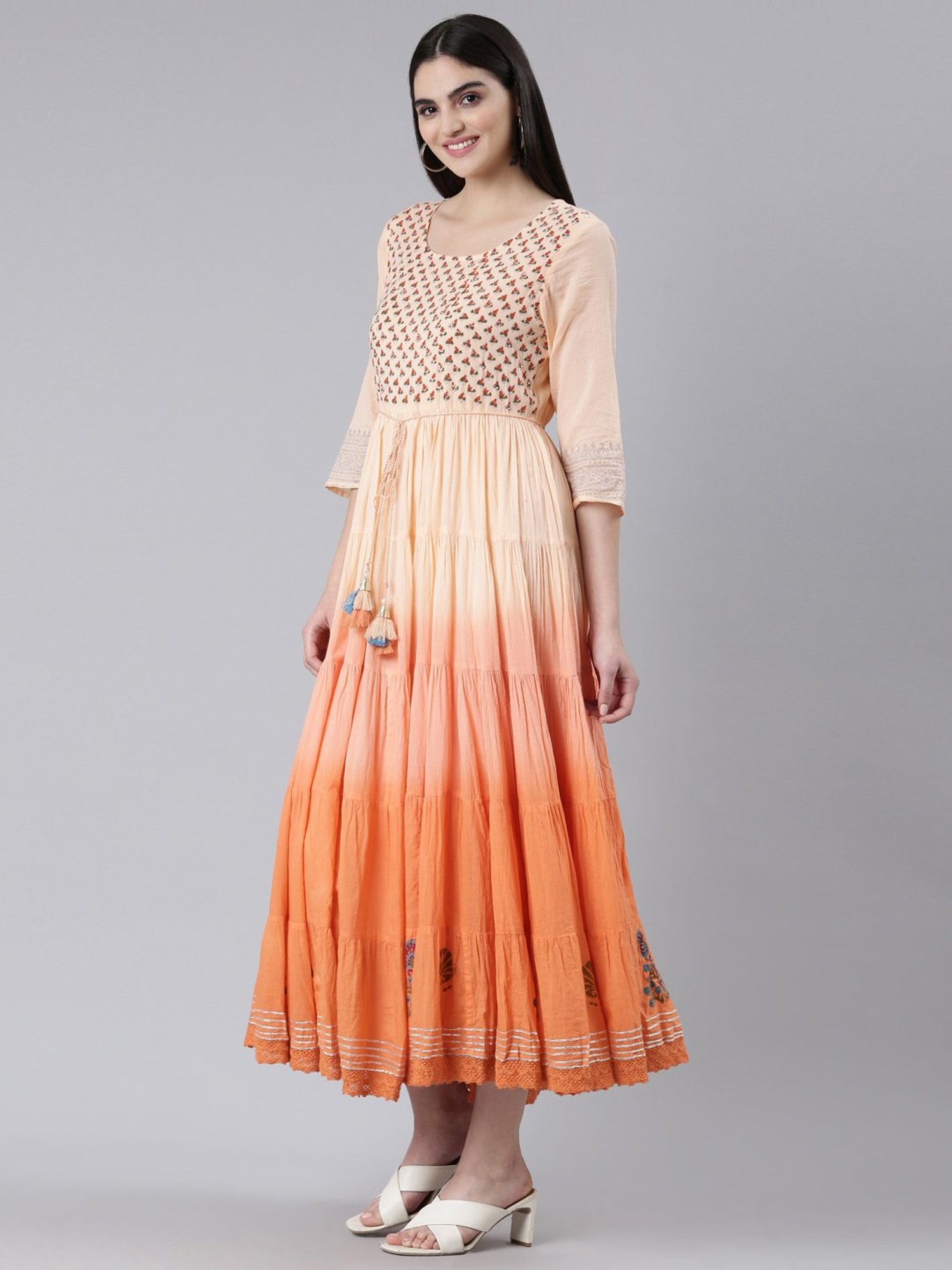 Neerus Peach Cotton Printed Princess Panel Dress