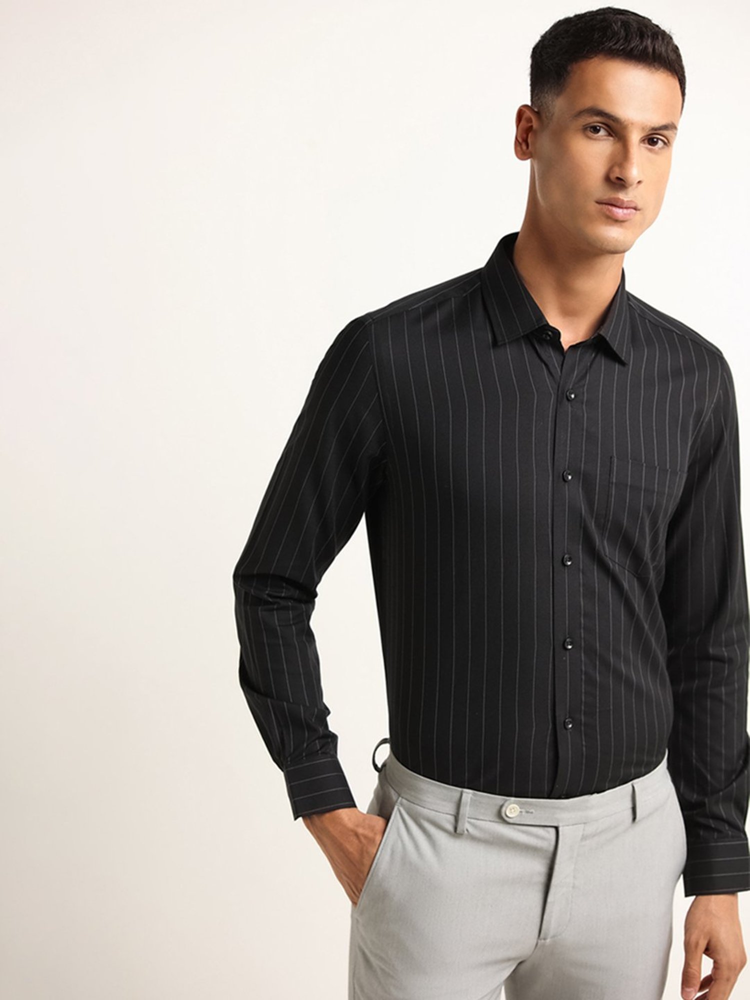 WES Formals by Westside Black Striped Ultra Slim Fit Shirt