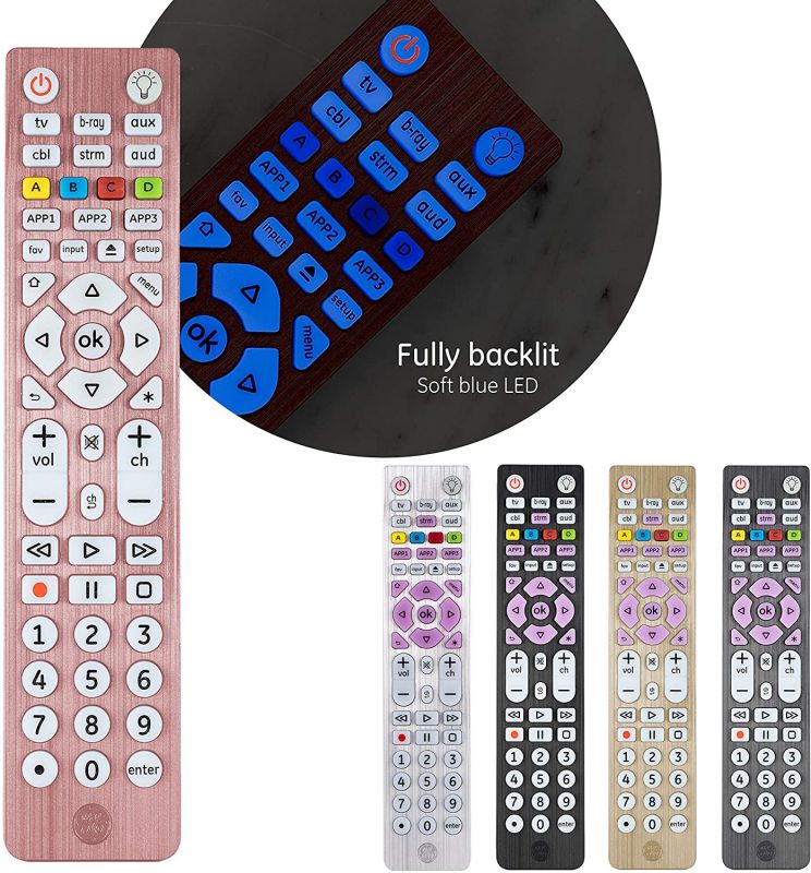 GE 6-Device Backlit Universal Remote Control for Samsung, Vizio, Lg, Sony, Sharp, Roku, Apple TV, Smart TVs, Streaming Players, Blu-Ray, DVD, Master Volume Control, Rose, 47505