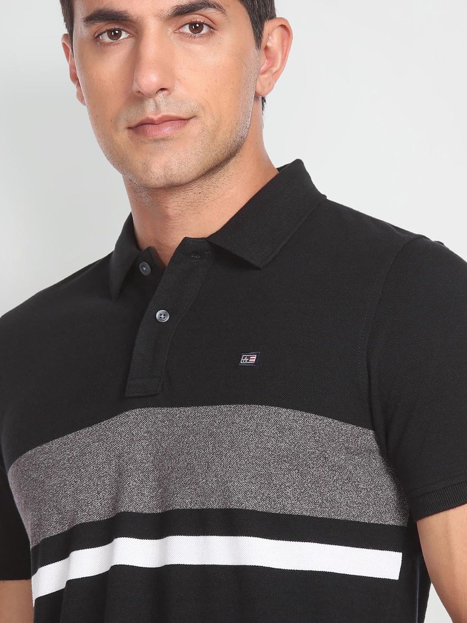 Arrow Sport Black Cotton Regular Fit Striped Polo T-Shirt