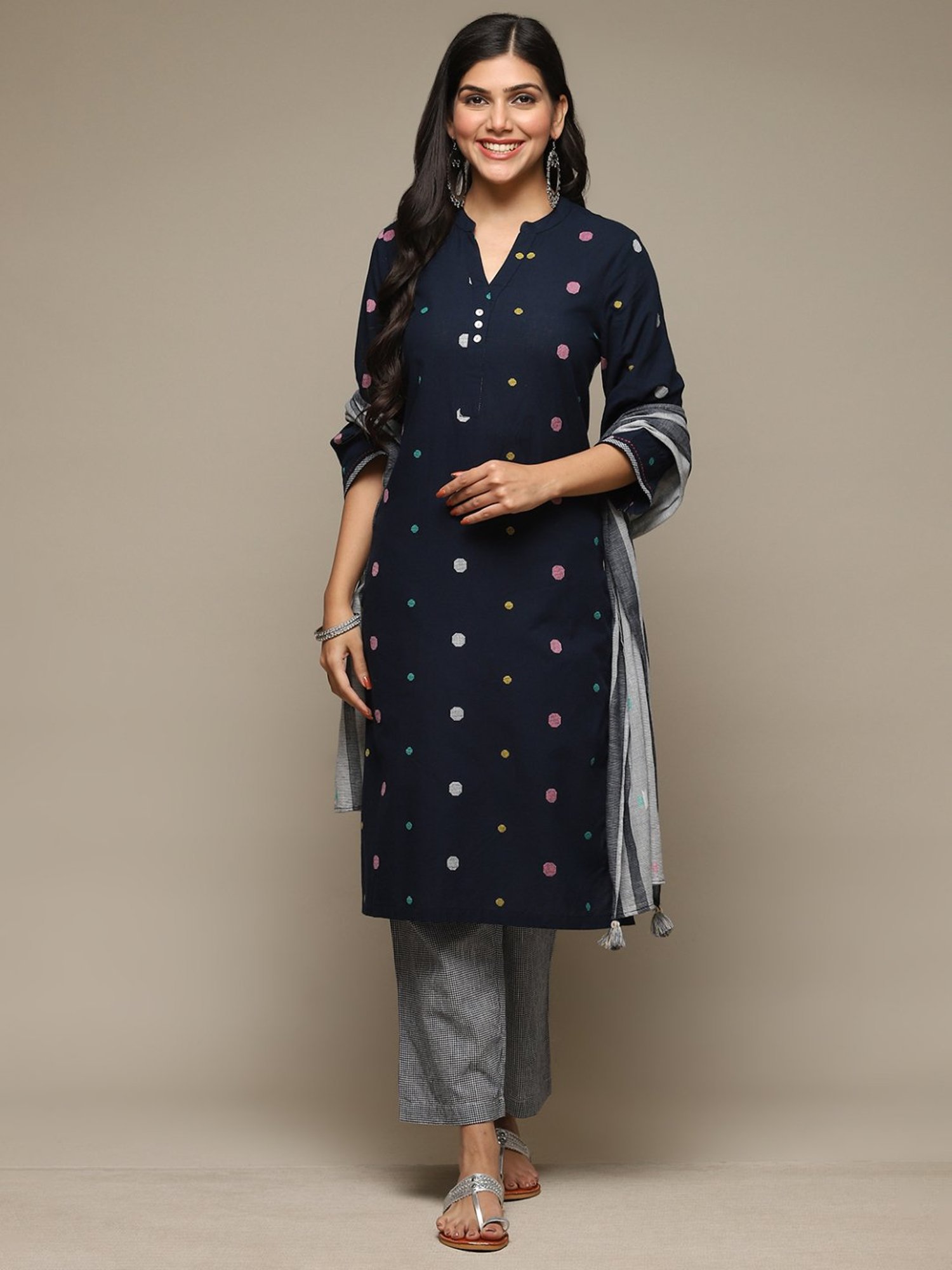 Biba Navy Cotton Embroidered Kurta Palazzo With Dupatta