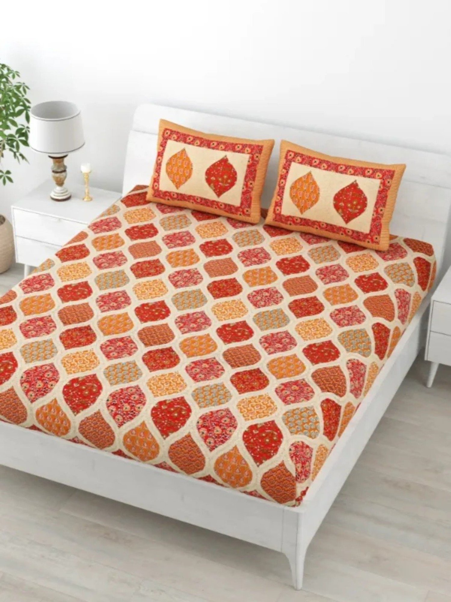 Living Roots Printed Orange 240 TC Cotton Bedsheet with 2 Pillow Covers