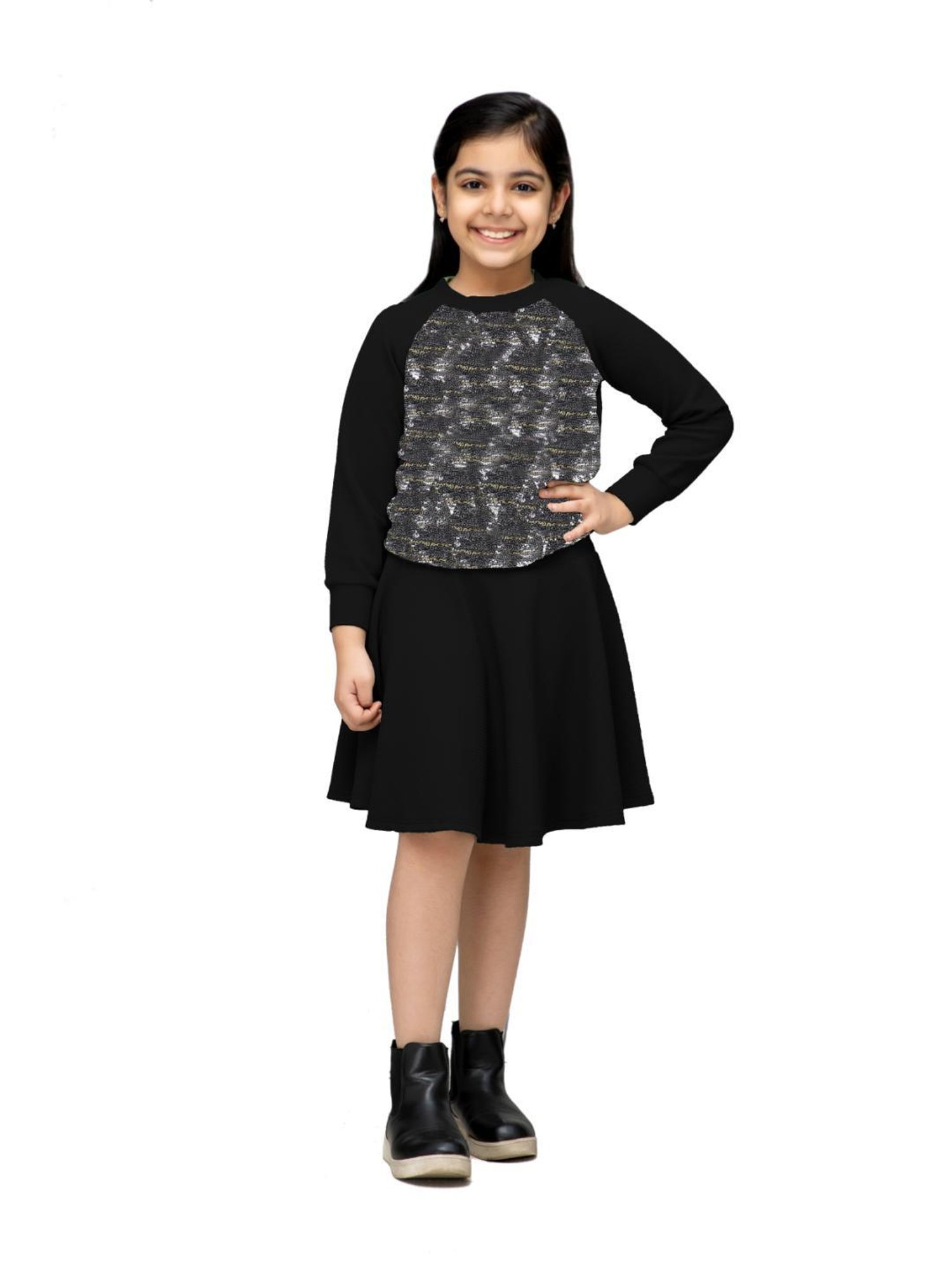 NEUDIS Kids Black Embellished Full Sleeves Top with Skirt