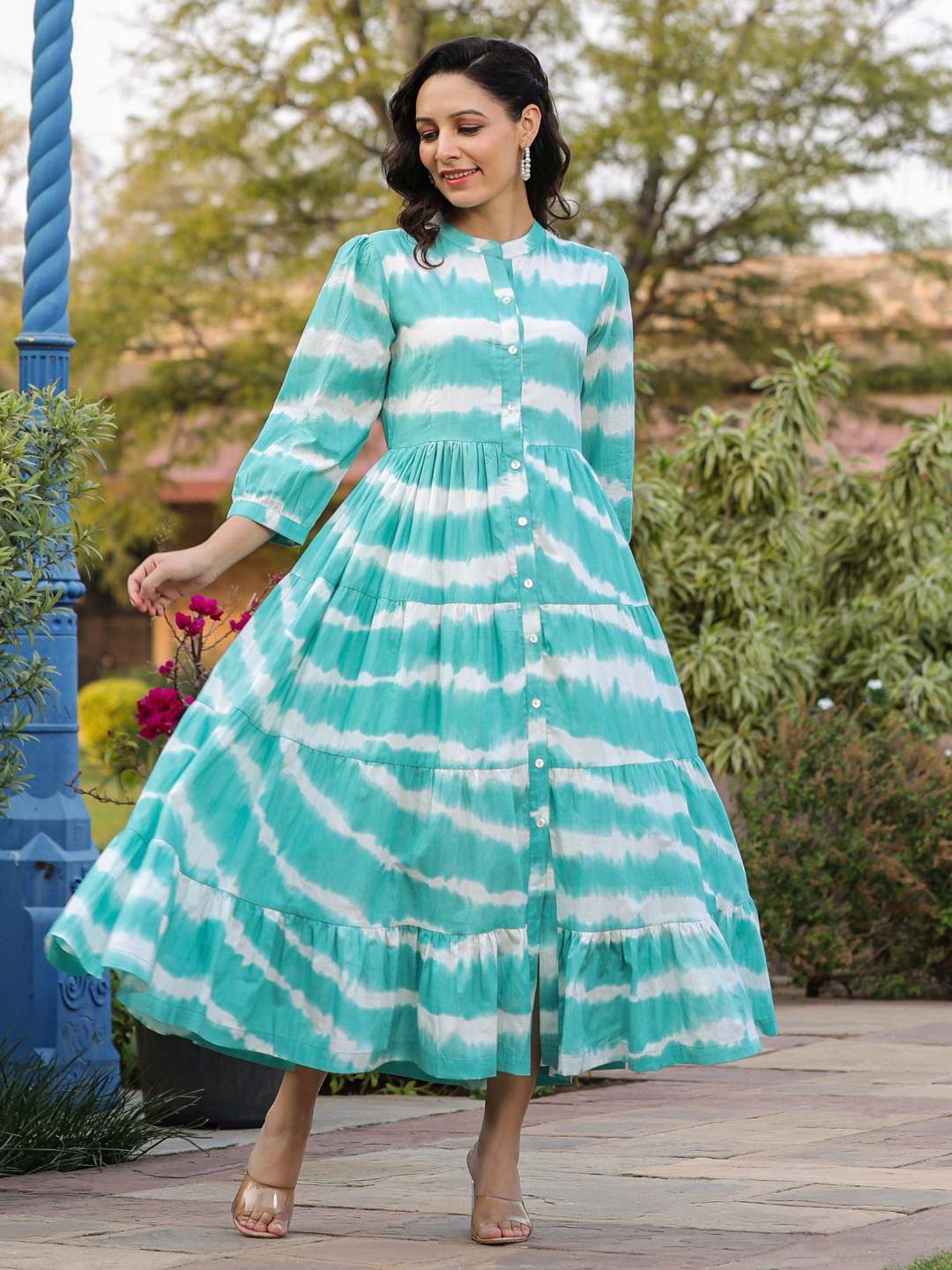 Rain and Rainbow Blue Cotton Tie & Dye A-Line Dress