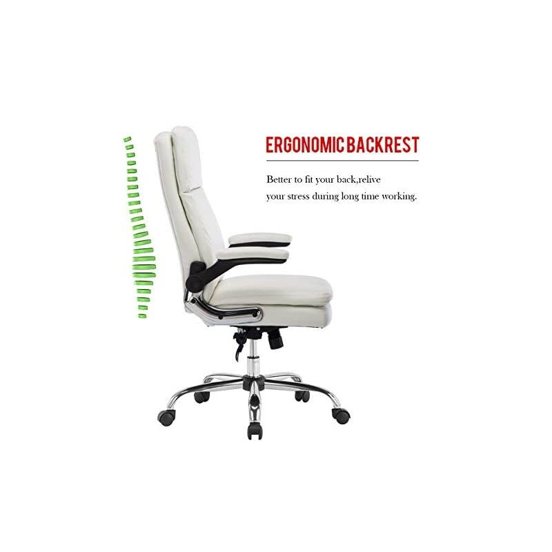 High Back Bonded Leather Executive Office Chair, Adjustable Recline Locking Flip-up Arms Computer Desk Chair, Thick Padding and Ergonomic Design for Lumbar Support (White)