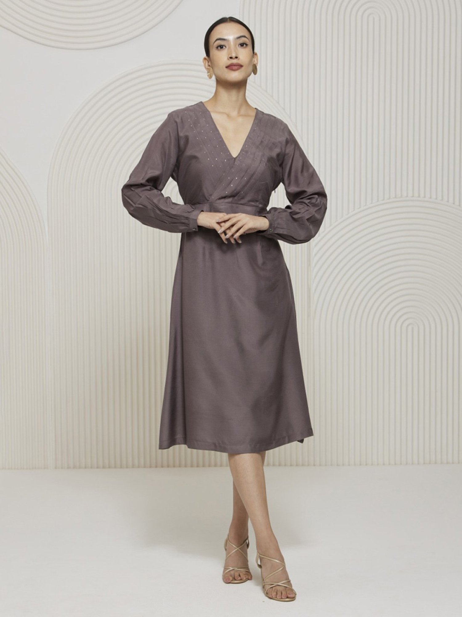 Artagai Granite Grey Kashida Pleated Fit And Flare Dress With Mukesh Work