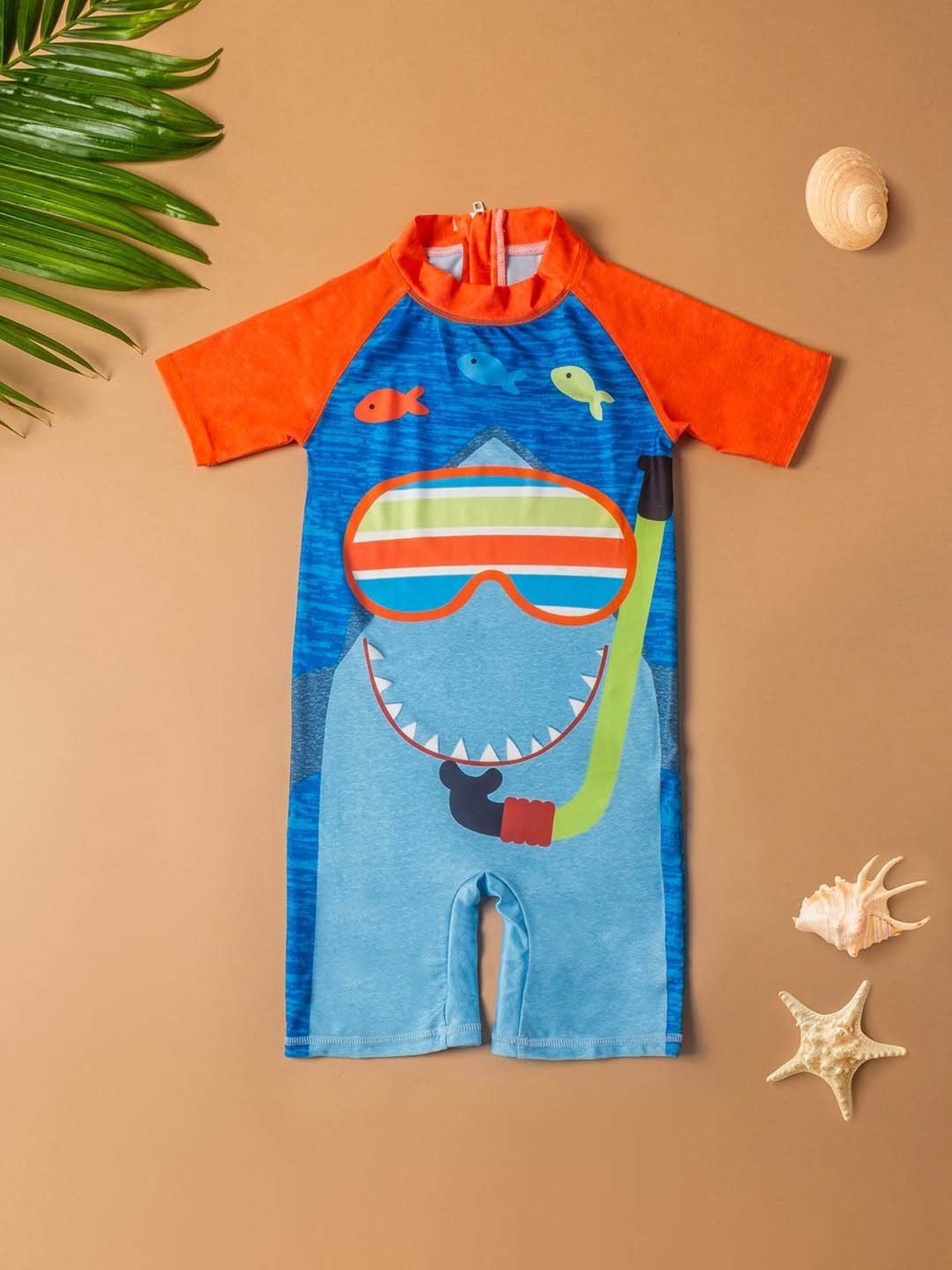 Baby Moo Kids Blue & Orange Printed Swimming Costume