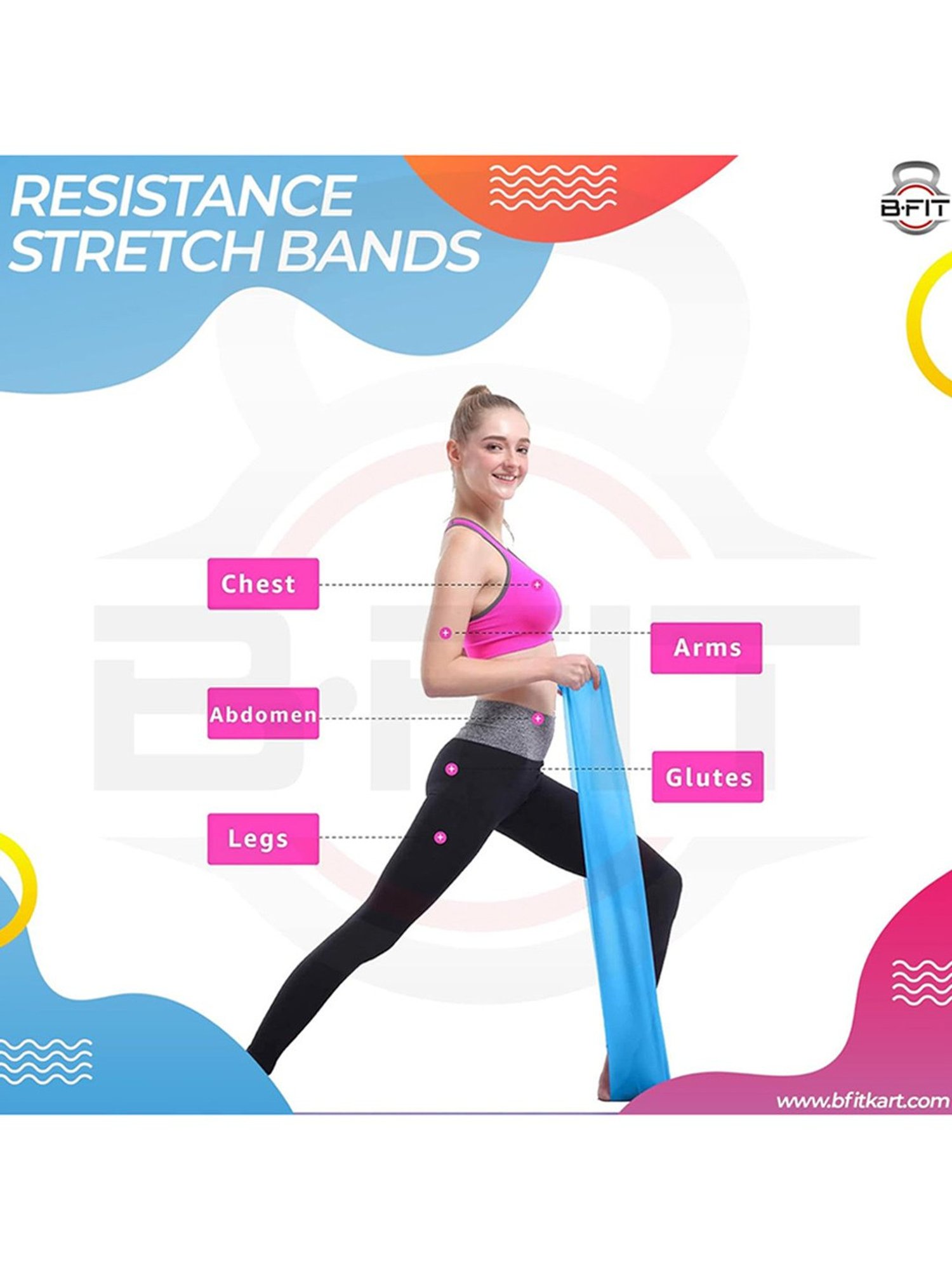 B Fit Exercise Rubber Stretch Resistance Bands Set of 3 (Multicolor)