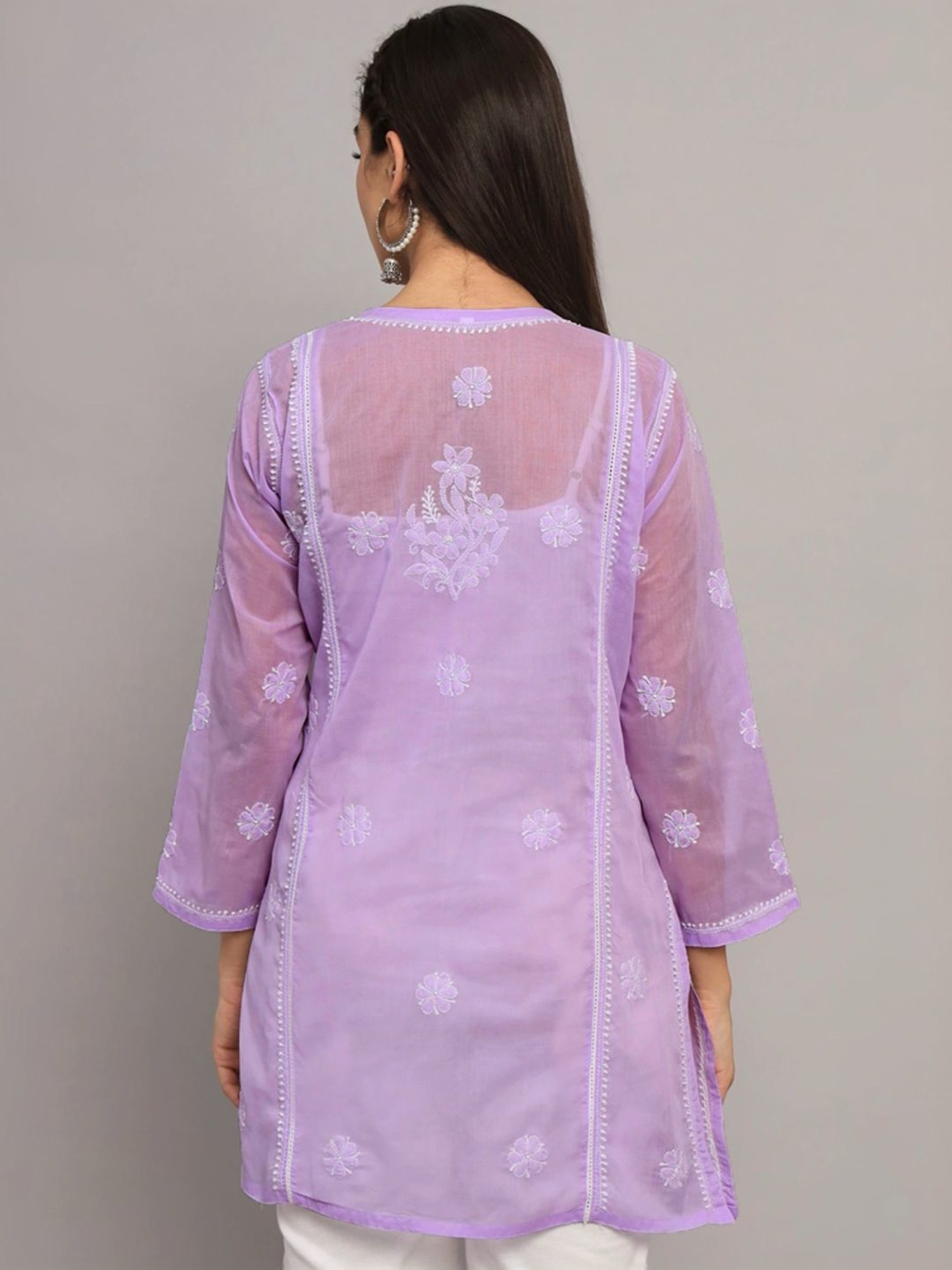PARAMOUNT CHIKAN Orchid Cotton Hand Embroidered Chikankari Straight Kurti