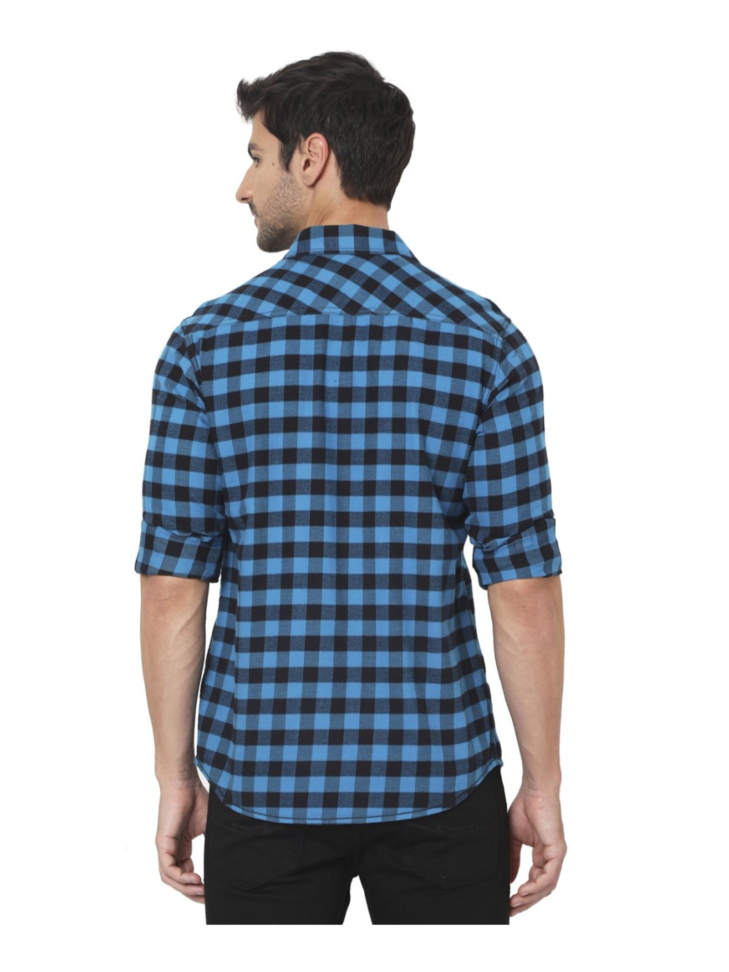 Mufti Blue & Black Cotton Slim Fit Checks Shirt