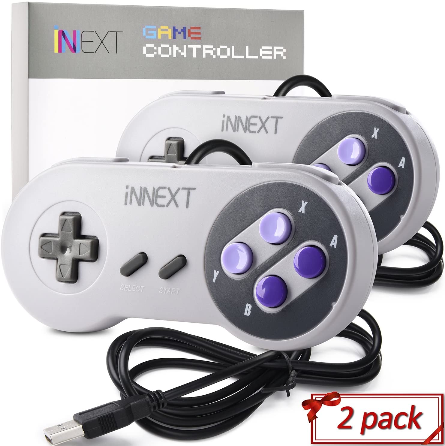 2 Pack SNES Retro USB Super Controller Gamepad Joystick, USB PC Super Classic Controller Joypad Gamestick for Windows PC MAC Linux Raspberry Pi 3 Sega Genesis Higan Grey/Purple