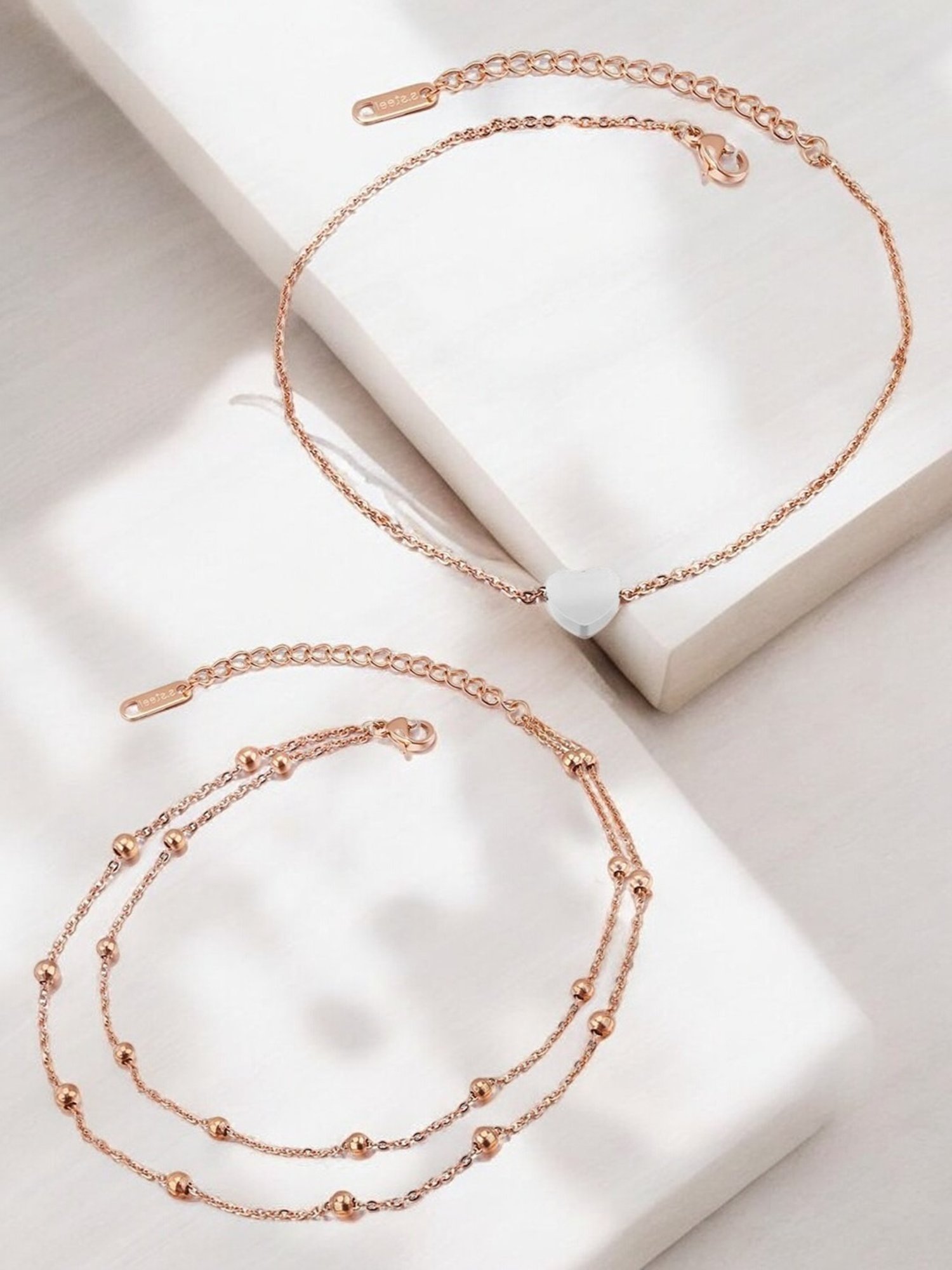 OOMPH Gold Tone Heart & Beads Multi Layer Fashion Anklet Pack of 2