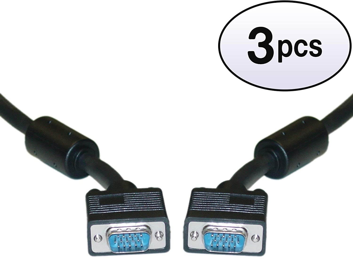 GOWOS (3 Pack) SVGA Cable with Ferrites Black HD15 Male Coaxial Construction Double Shielded 50 Feet